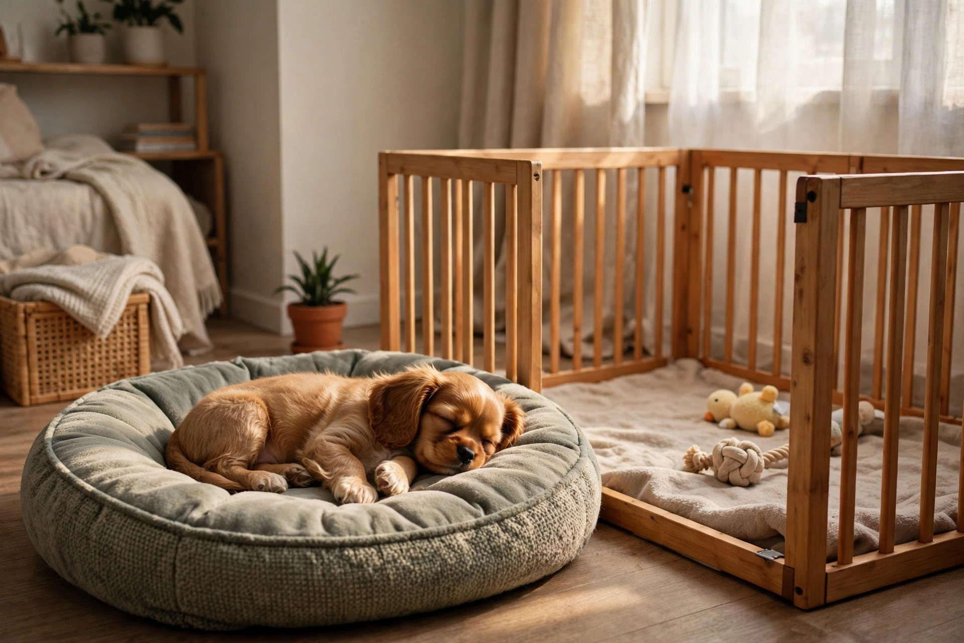 small puppy resting calmly on a dog bed beside a playpen in a cozy apartment