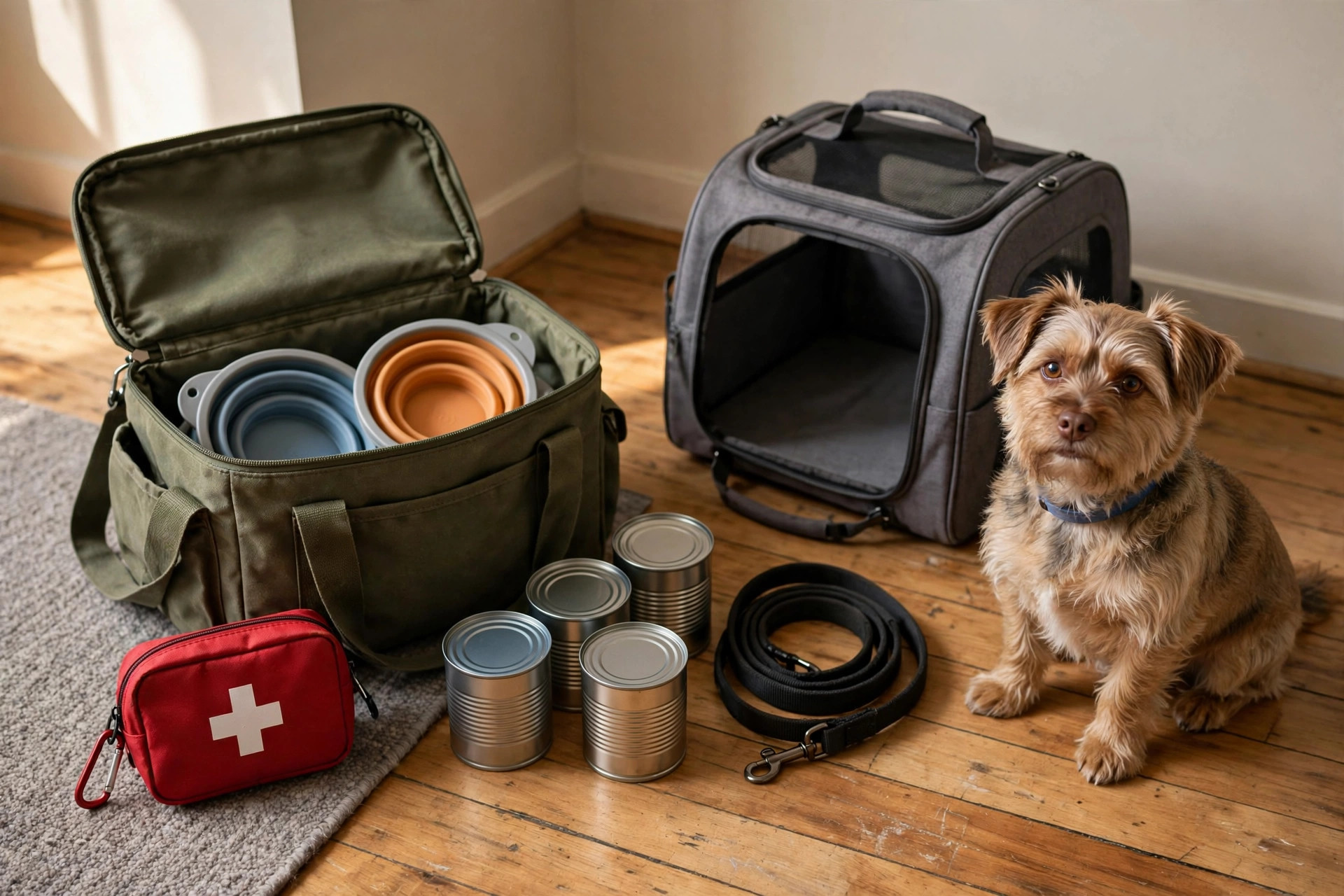 Pet emergency go-bag with leash, collapsible bowls, pet food and carrier with a small dog beside it