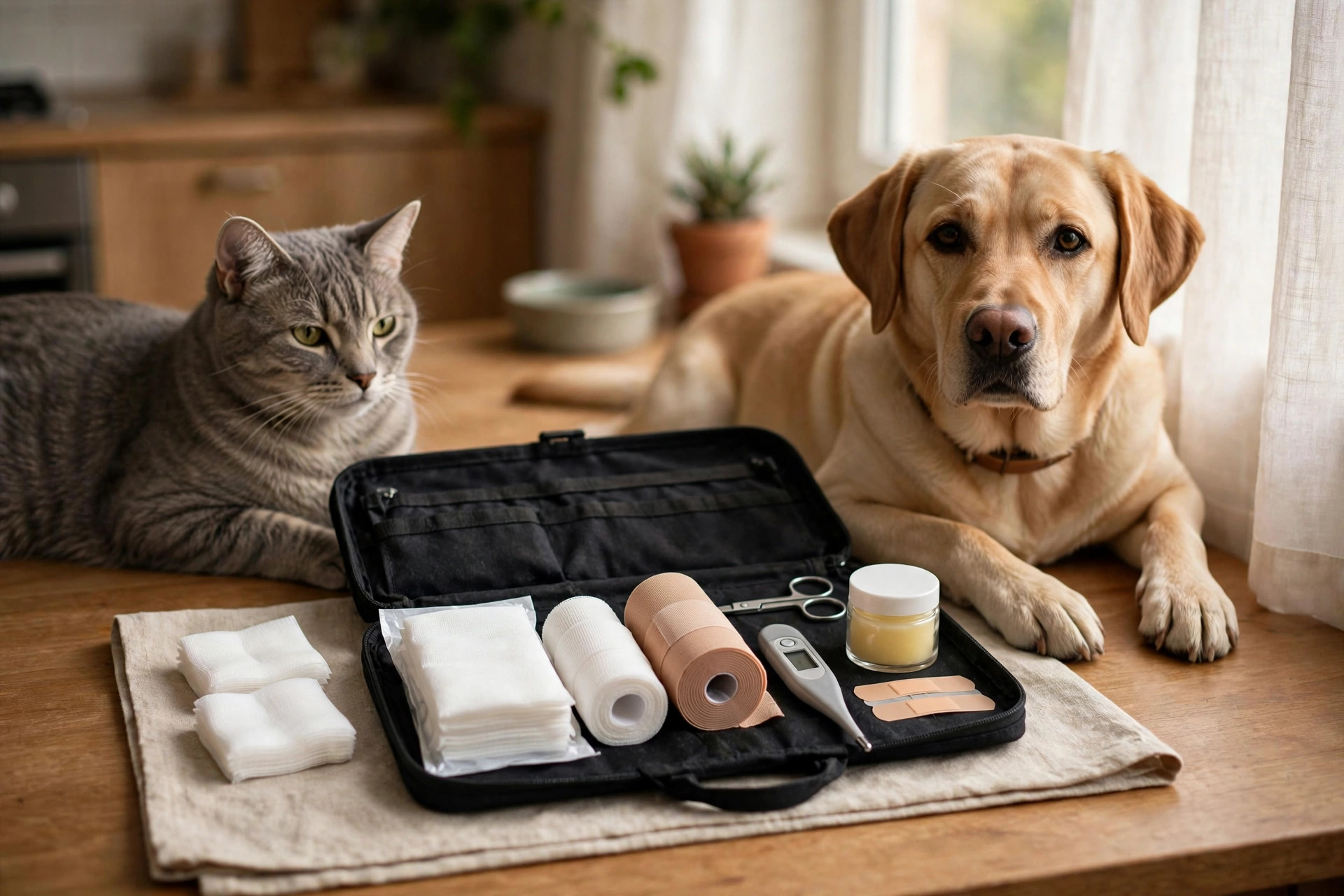 Apartment pet first aid kit with gauze, bandage wrap and thermometer on a table next to a calm dog and cat