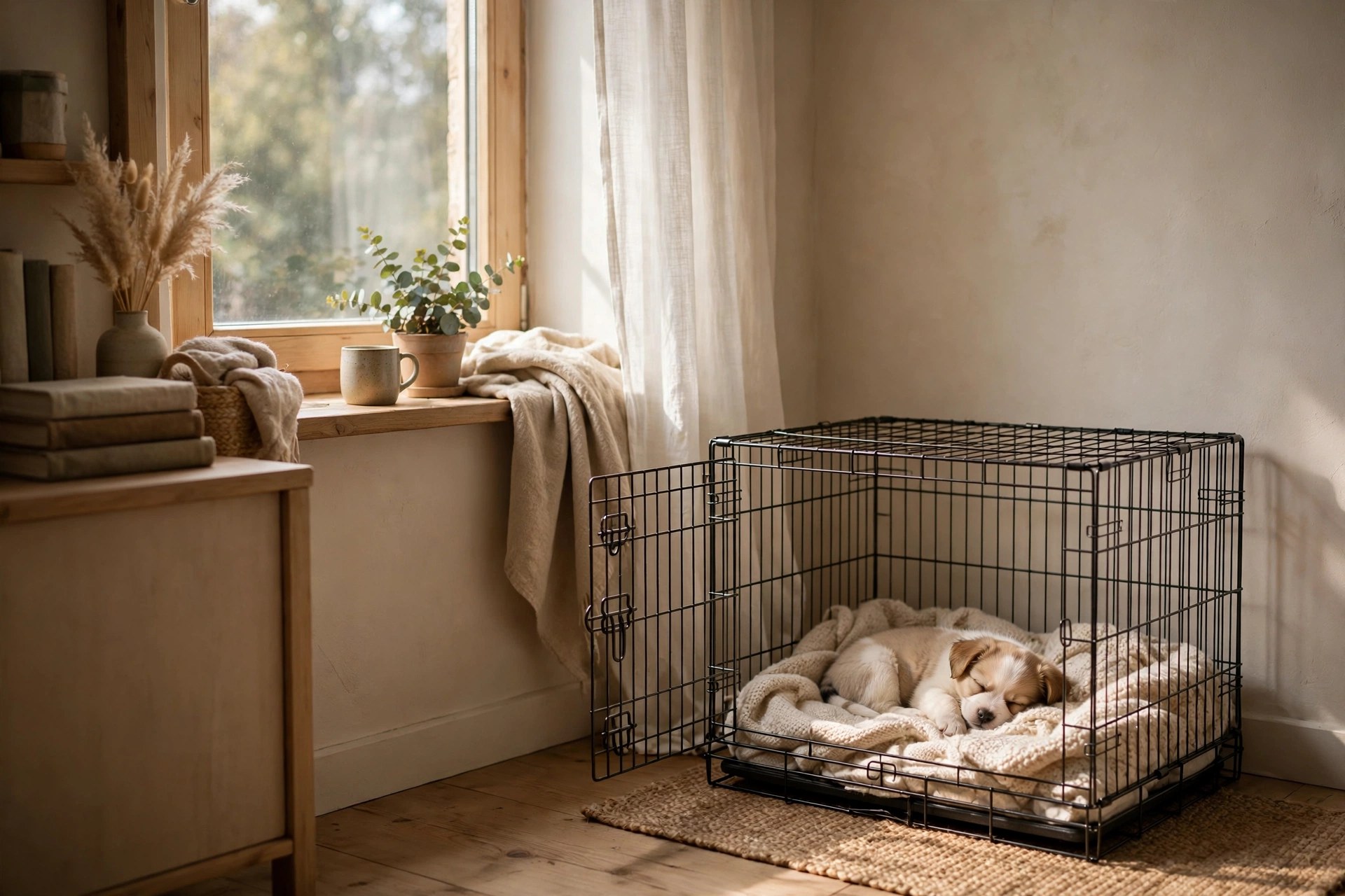 small puppy sleeping in an open crate with a soft blanket in a quiet corner