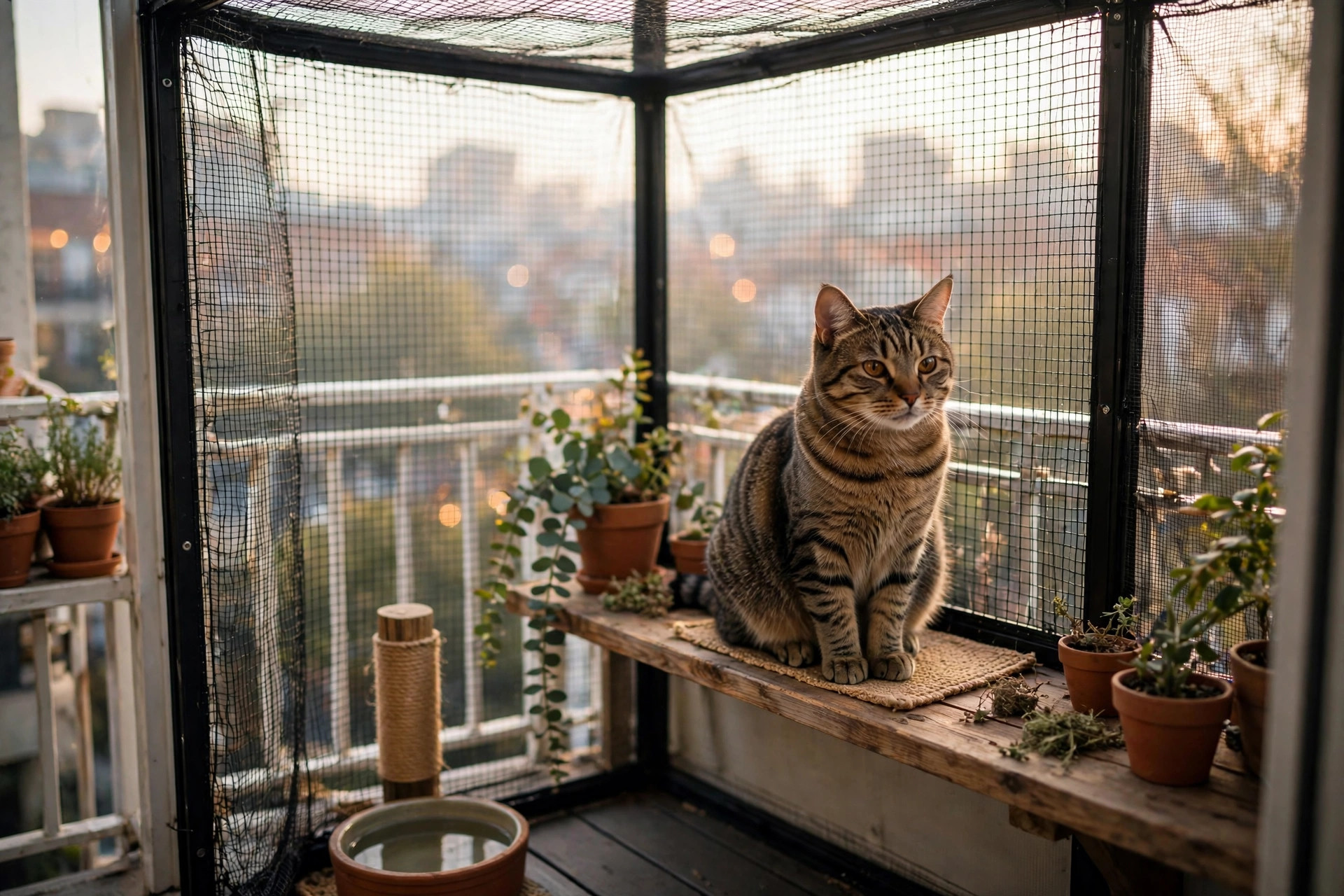a tabby cat sitting on a wooden shelf inside a mesh-netted apartment balcony with city buildings in the background