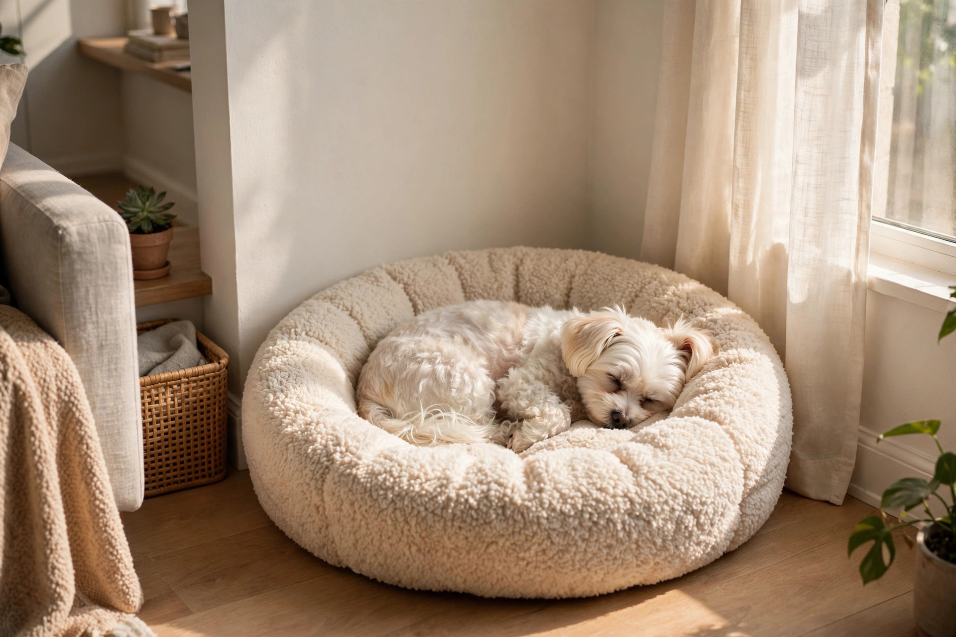 small white dog curled up asleep in a round cream cuddler bed tucked into a sunny apartment corner by the window