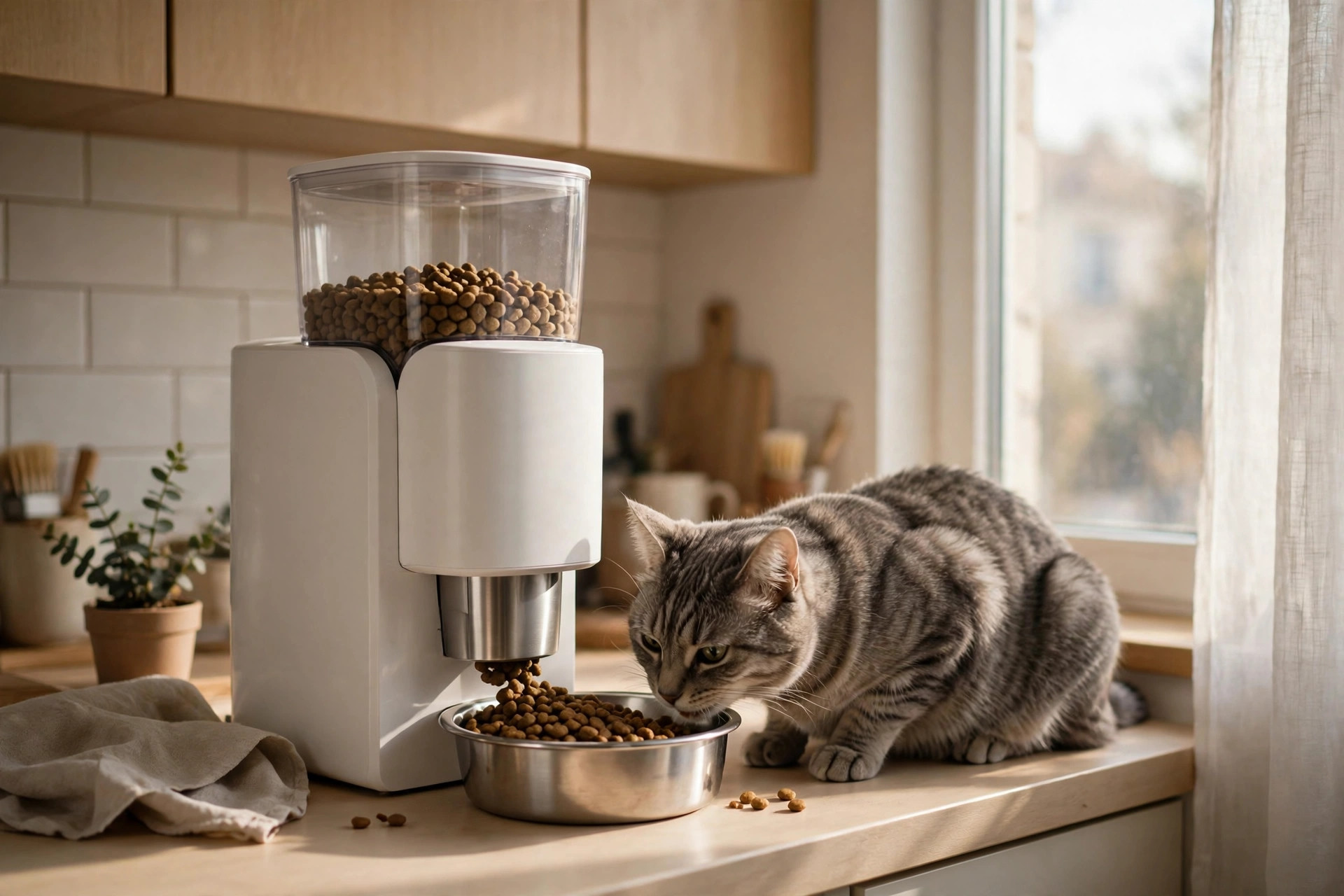 automatic cat food dispenser on a small apartment kitchen counter with a grey tabby cat eating from its bowl