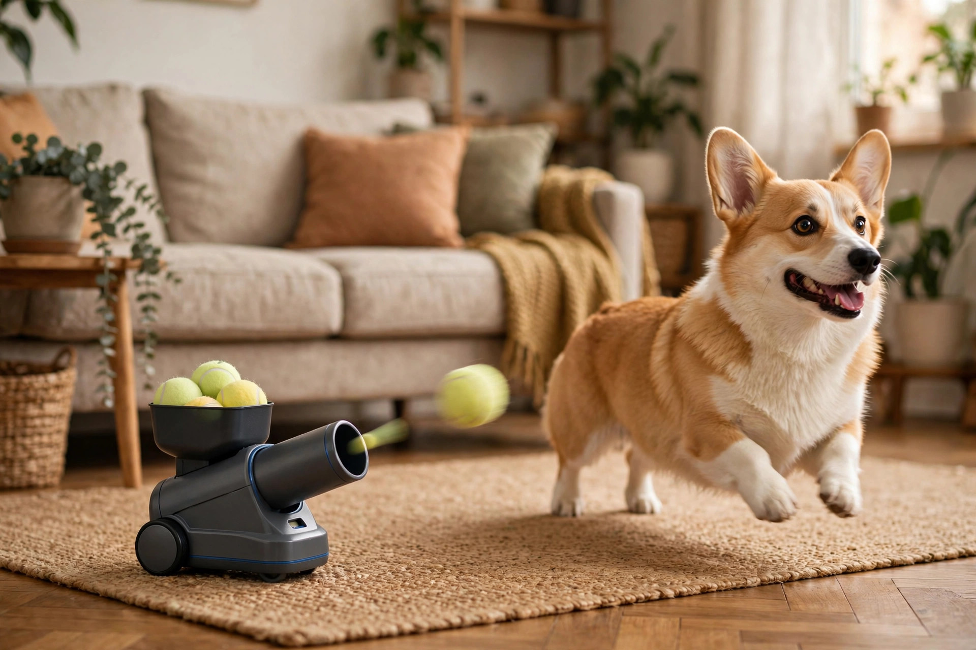 Compact automatic ball launcher on an apartment living room floor launching a ball for a chasing corgi