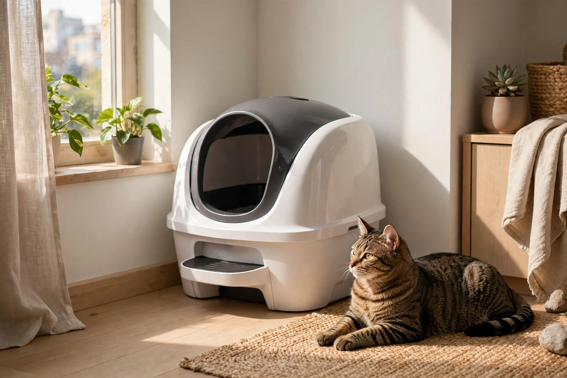 modern automatic self-cleaning litter box in a bright small apartment with a tabby cat nearby