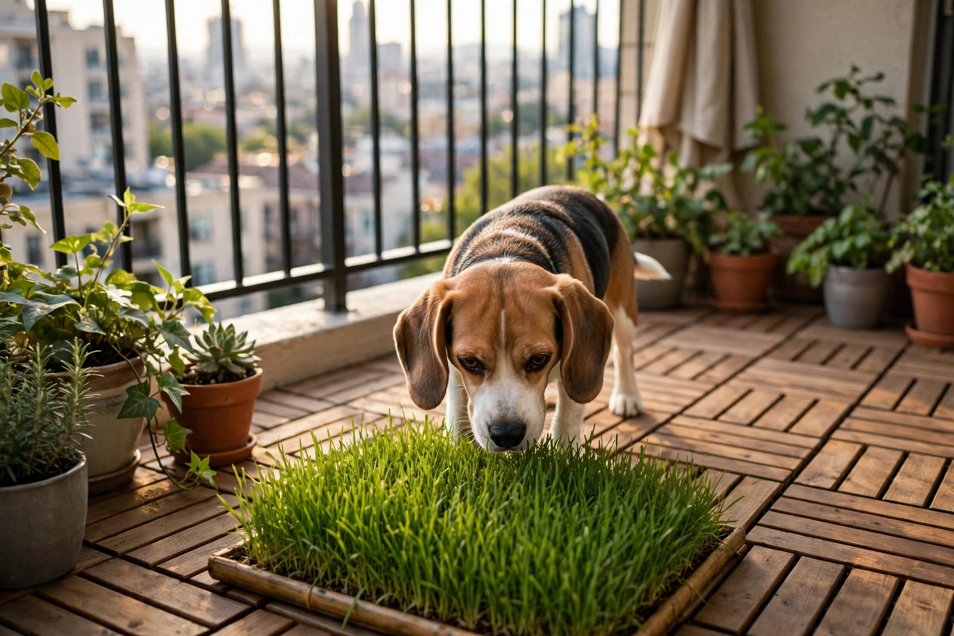 beagle dog sniffing a fresh green grass patch tray on a sunny apartment balcony with potted plants
