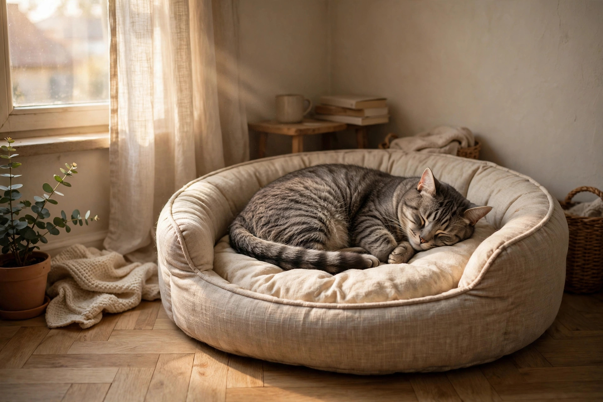 Tabby cat curled up asleep in a round bolstered cat bed in a sunny apartment corner
