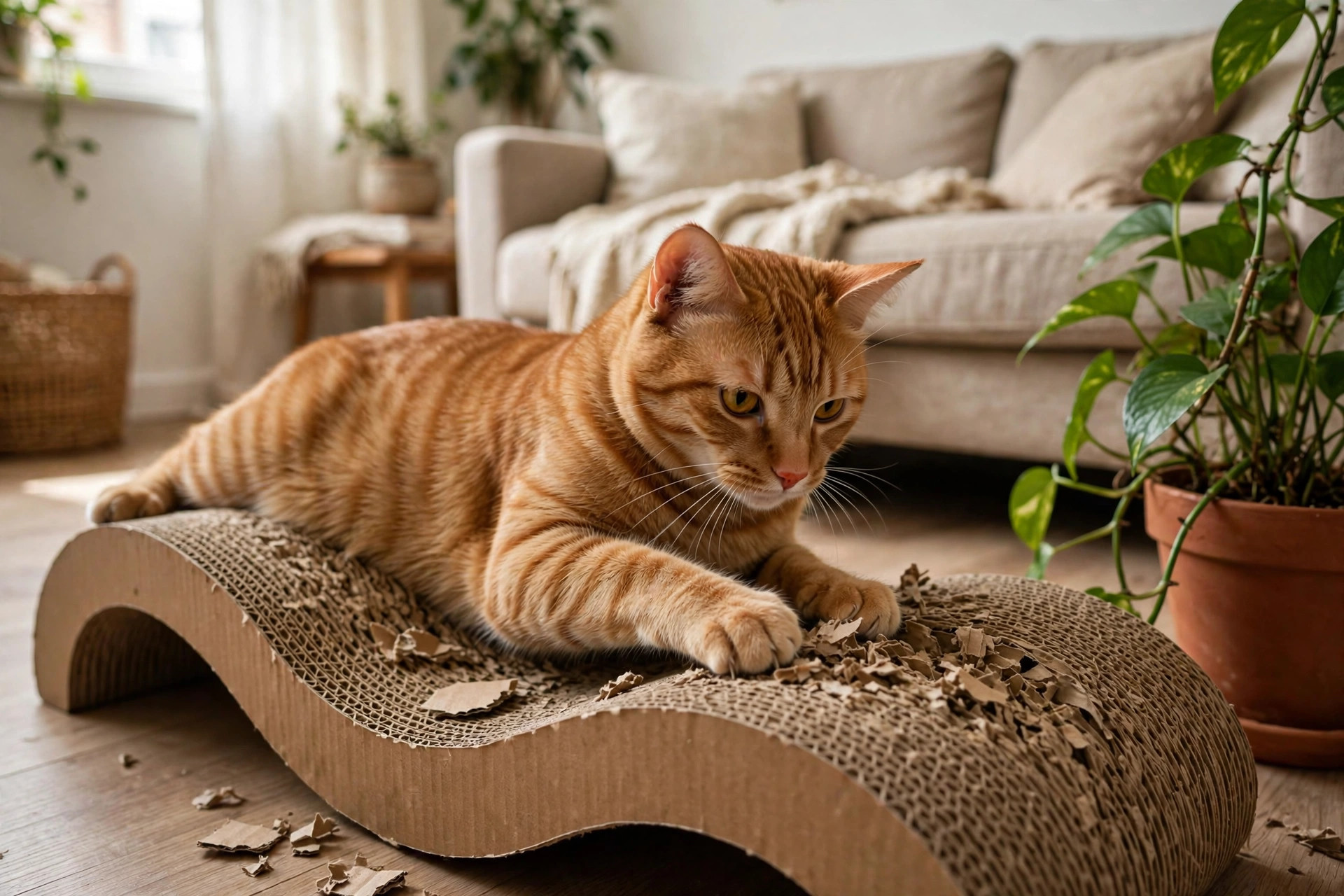 Orange tabby cat lounging and scratching on a curved cardboard cat scratcher lounger in an apartment