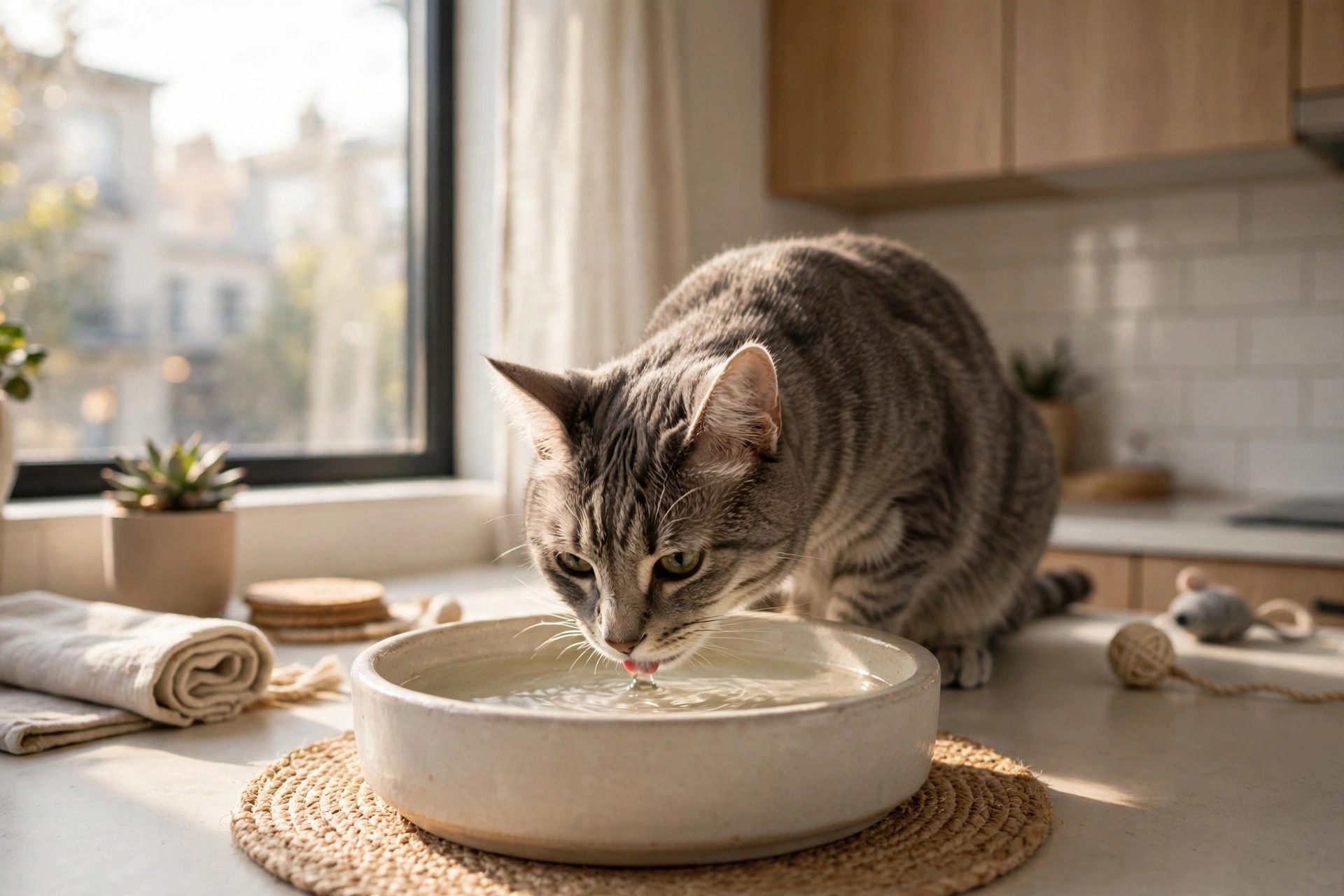 Grey tabby cat drinking from a wide shallow ceramic water bowl in an apartment kitchen
