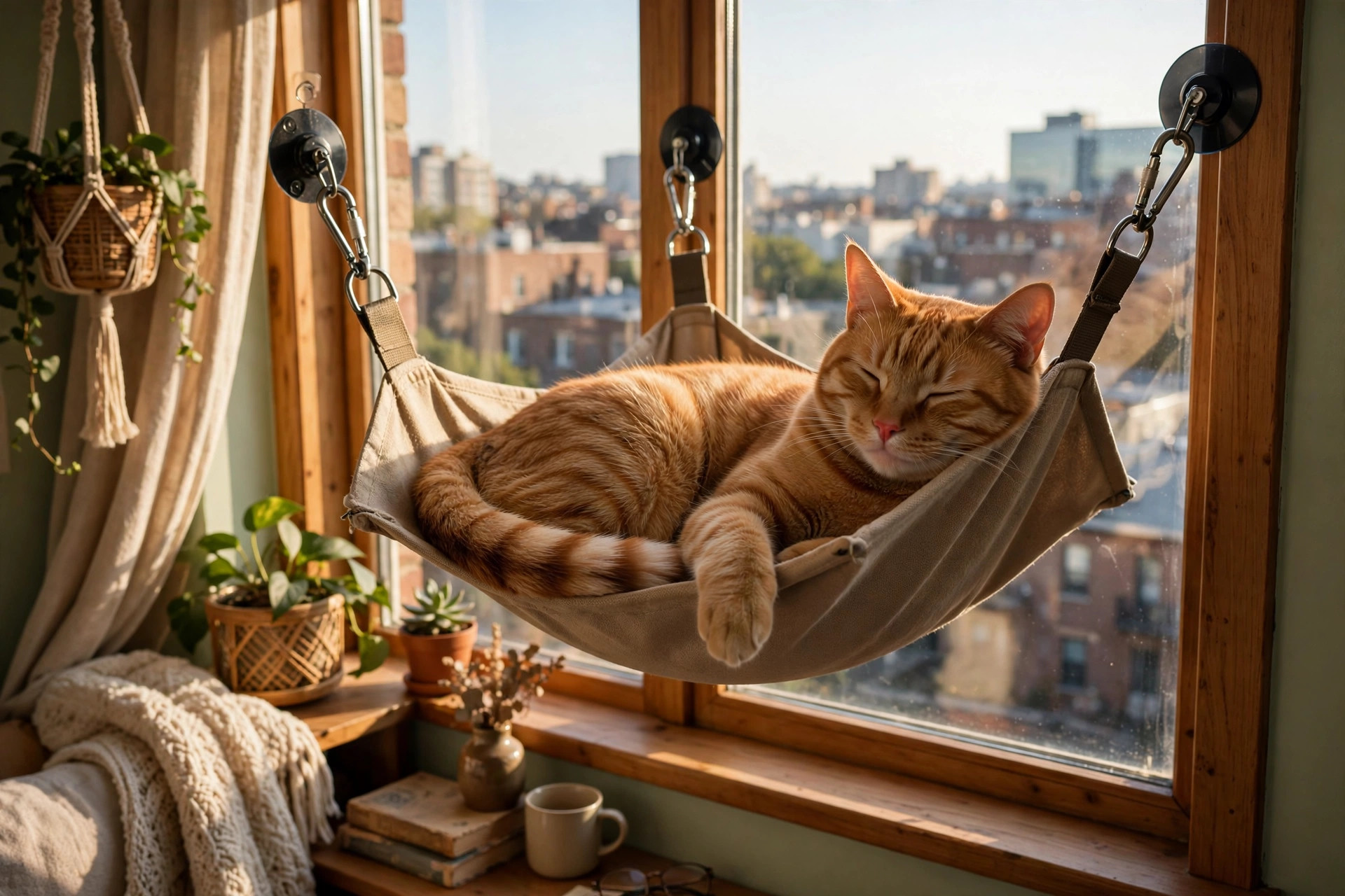 cat lounging in a window hammock above a small apartment sofa with city view