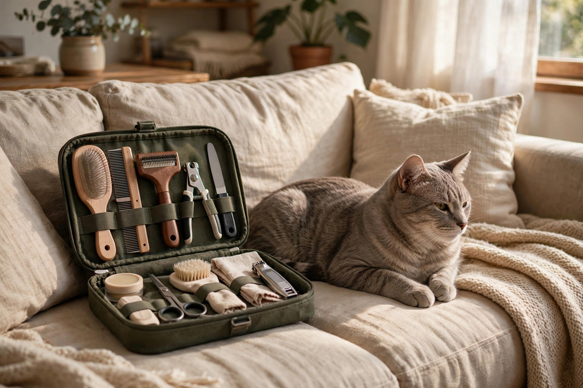compact pet grooming kit with brushes beside a calm cat on an apartment sofa