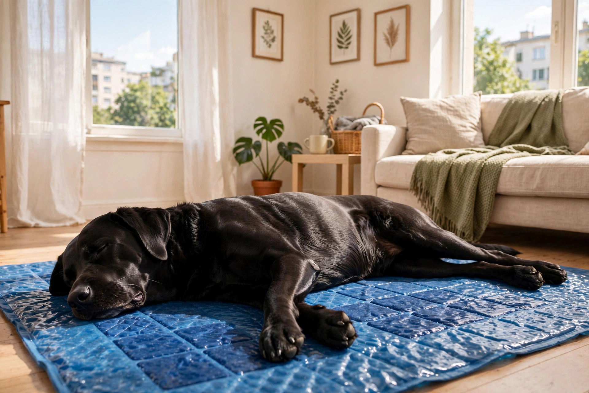 Black labrador lying on a blue cooling gel mat in a bright small apartment living room in summer daylight