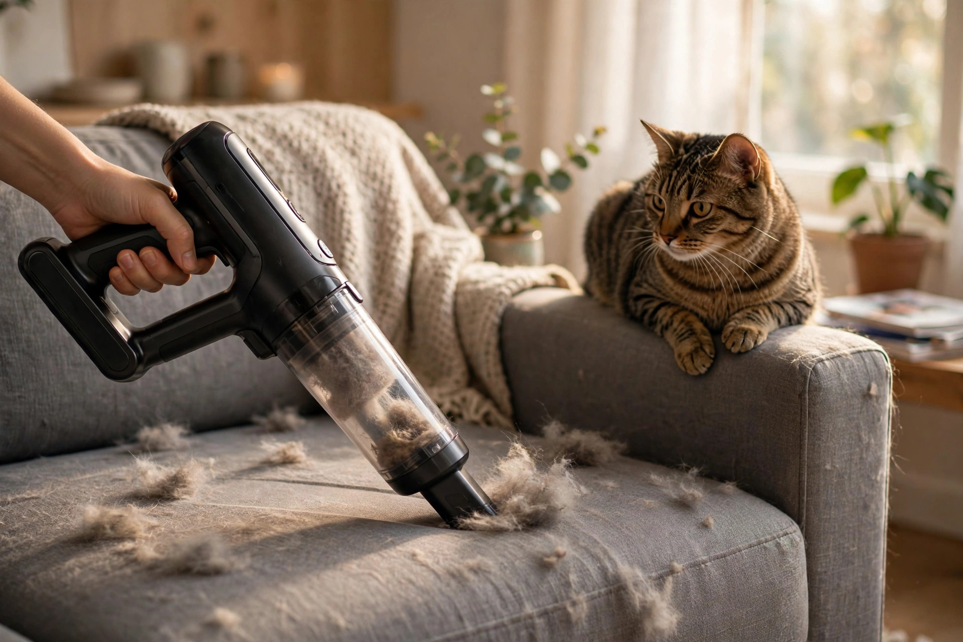 A cordless handheld vacuum cleaning pet hair from a fabric sofa in a cozy small apartment, with a cat watching from the armrest