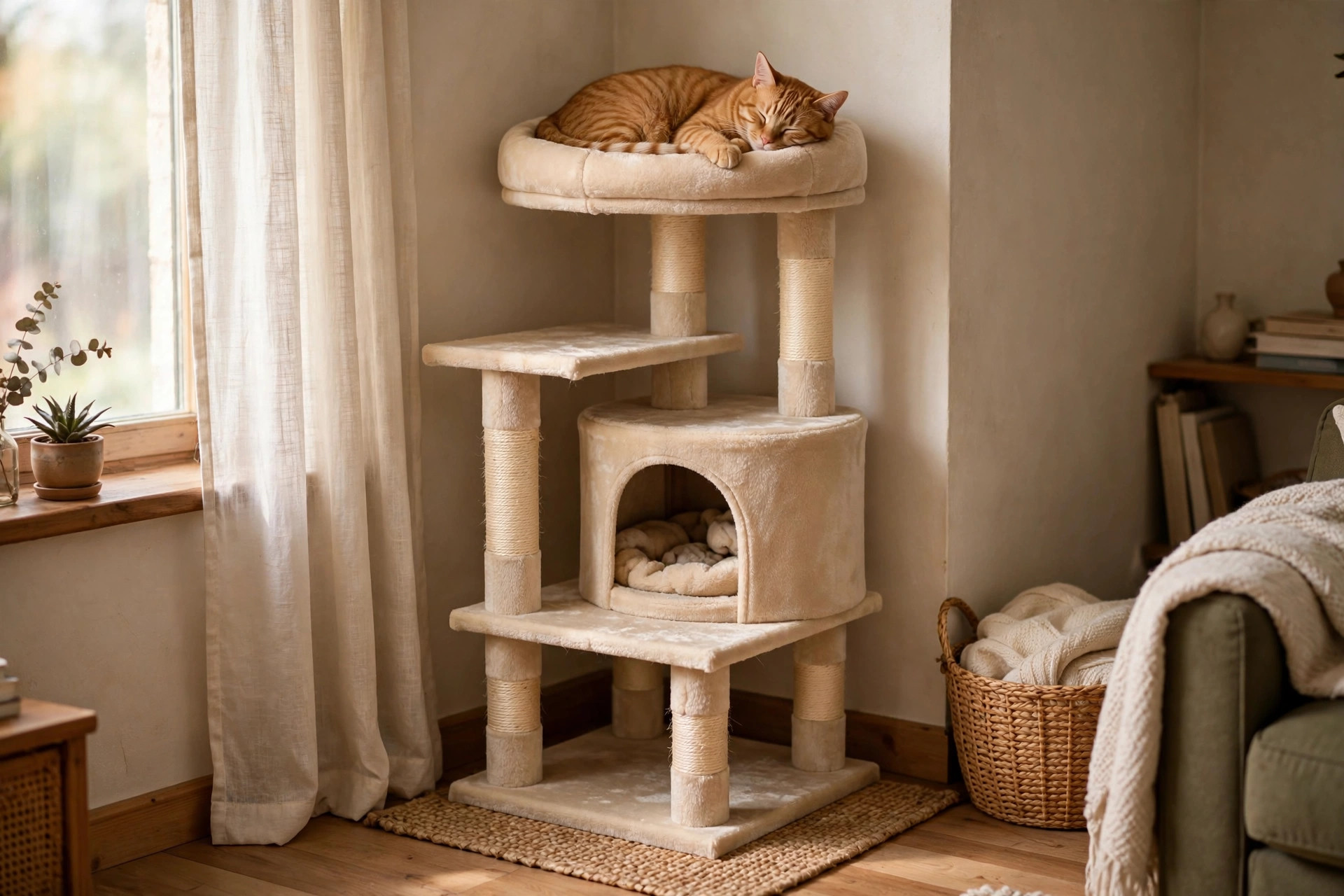 a tall beige multi-level corner cat tree with sisal posts in a small apartment living room corner, an orange tabby cat resting on the top perch