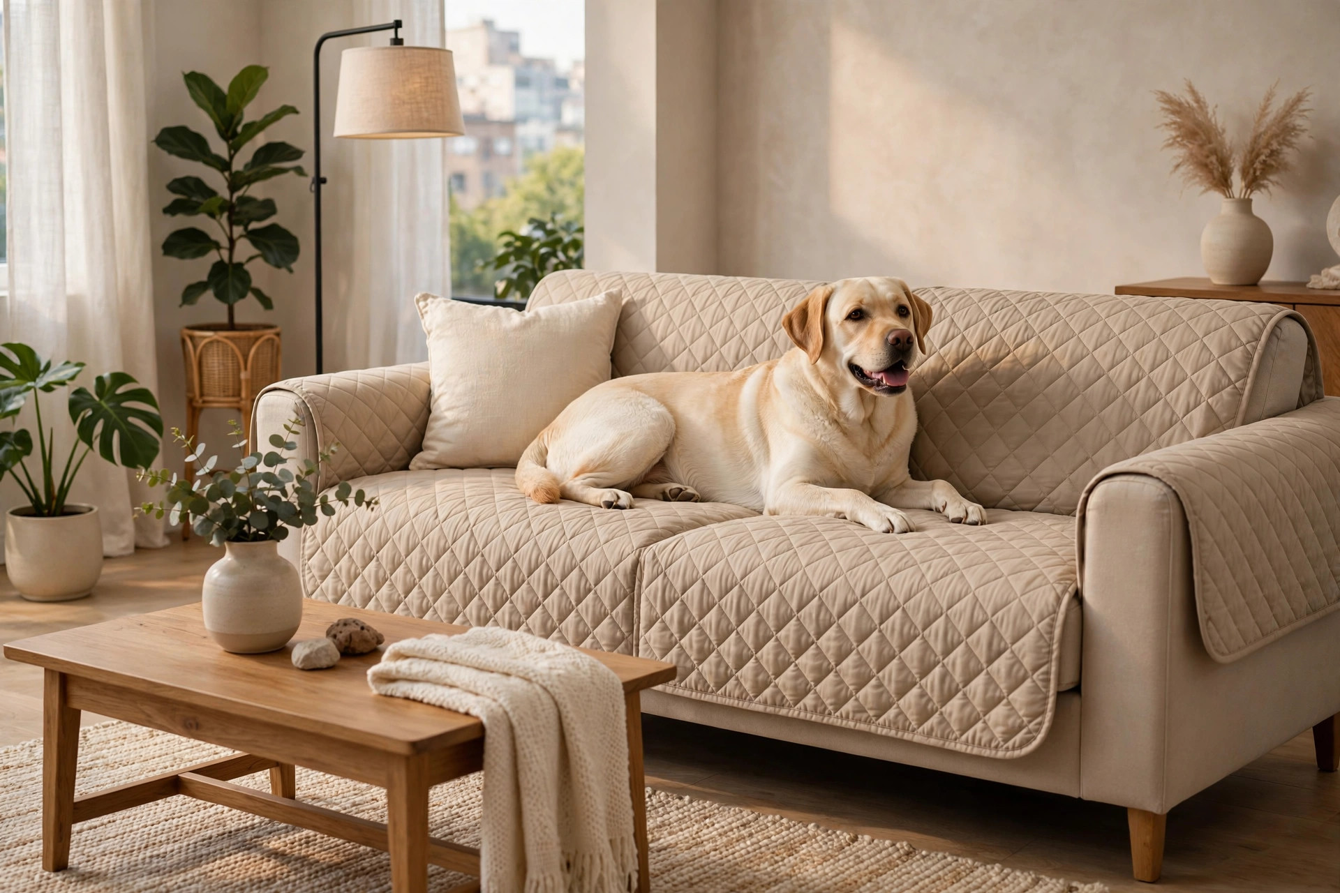 Stylish beige quilted sofa cover protecting an elegant apartment couch with a happy labrador lounging on it
