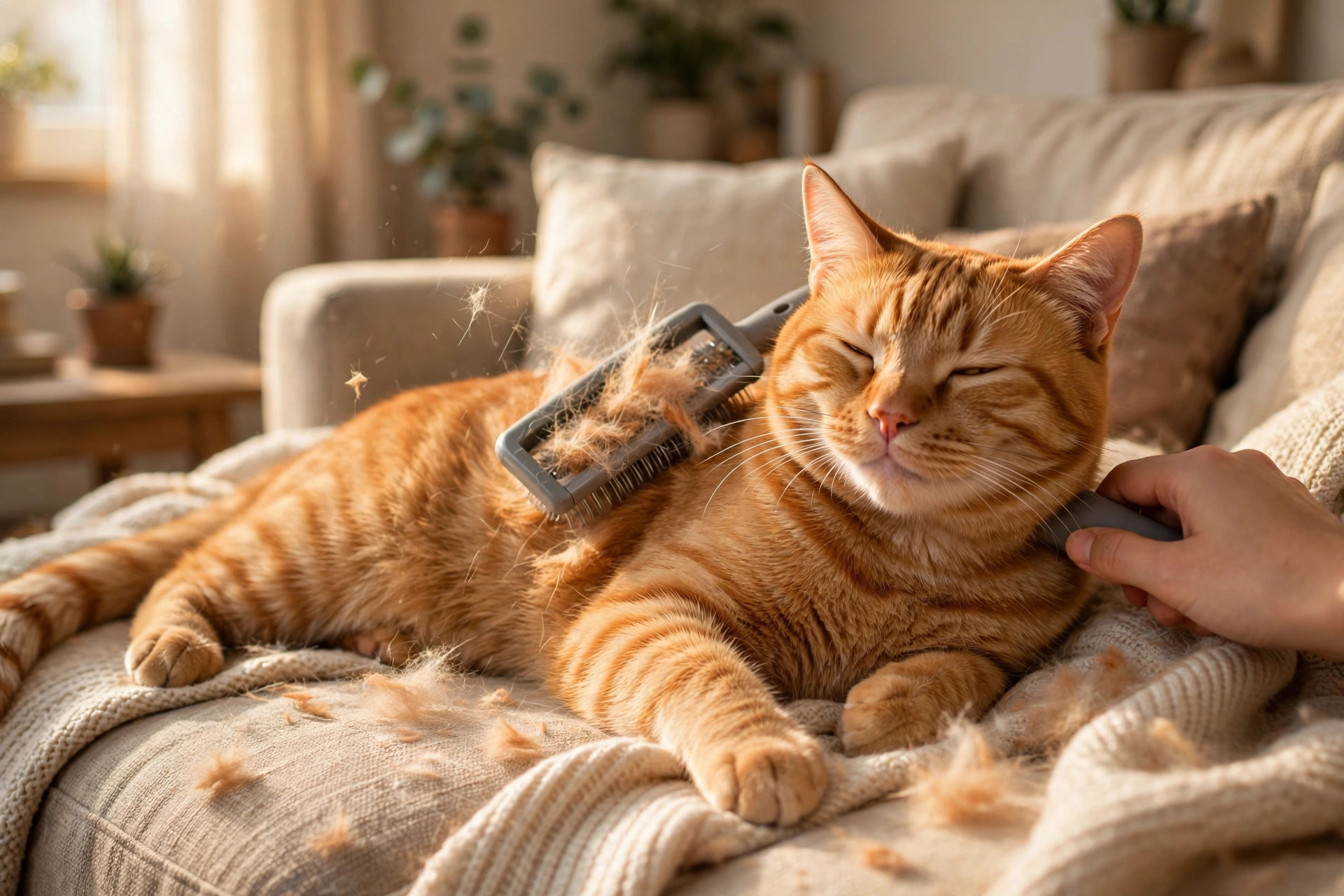 Content orange tabby cat being gently brushed with a deshedding brush on a cozy apartment sofa