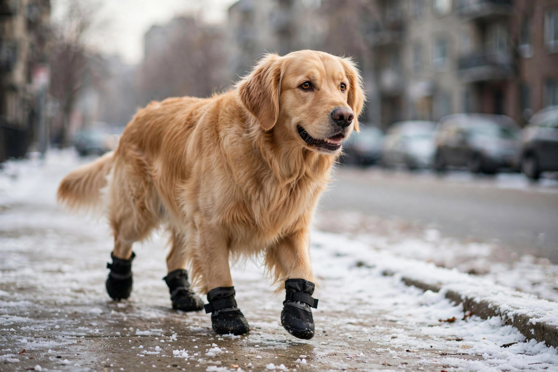 Golden retriever wearing small black winter boots walking on a snow-dusted city sidewalk