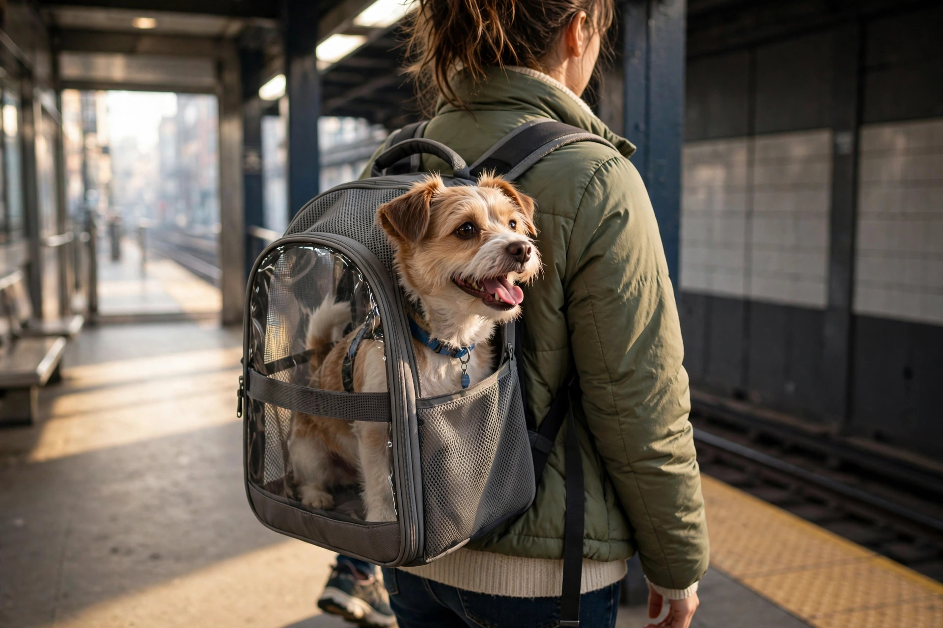 Small dog riding in a pet carrier backpack on a city subway platform