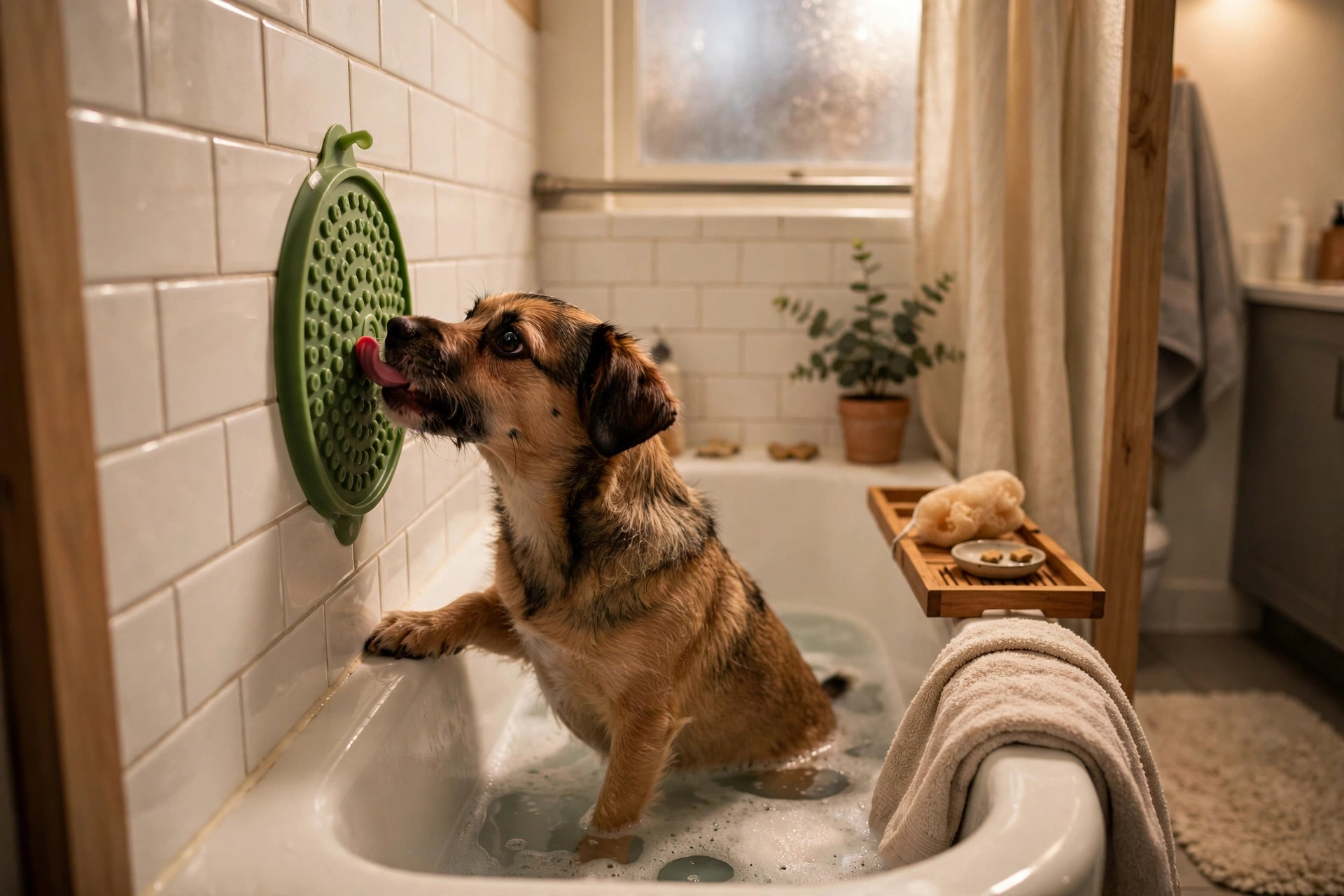 dog licking a suction lick mat on a bathtub wall during a bath in a small apartment