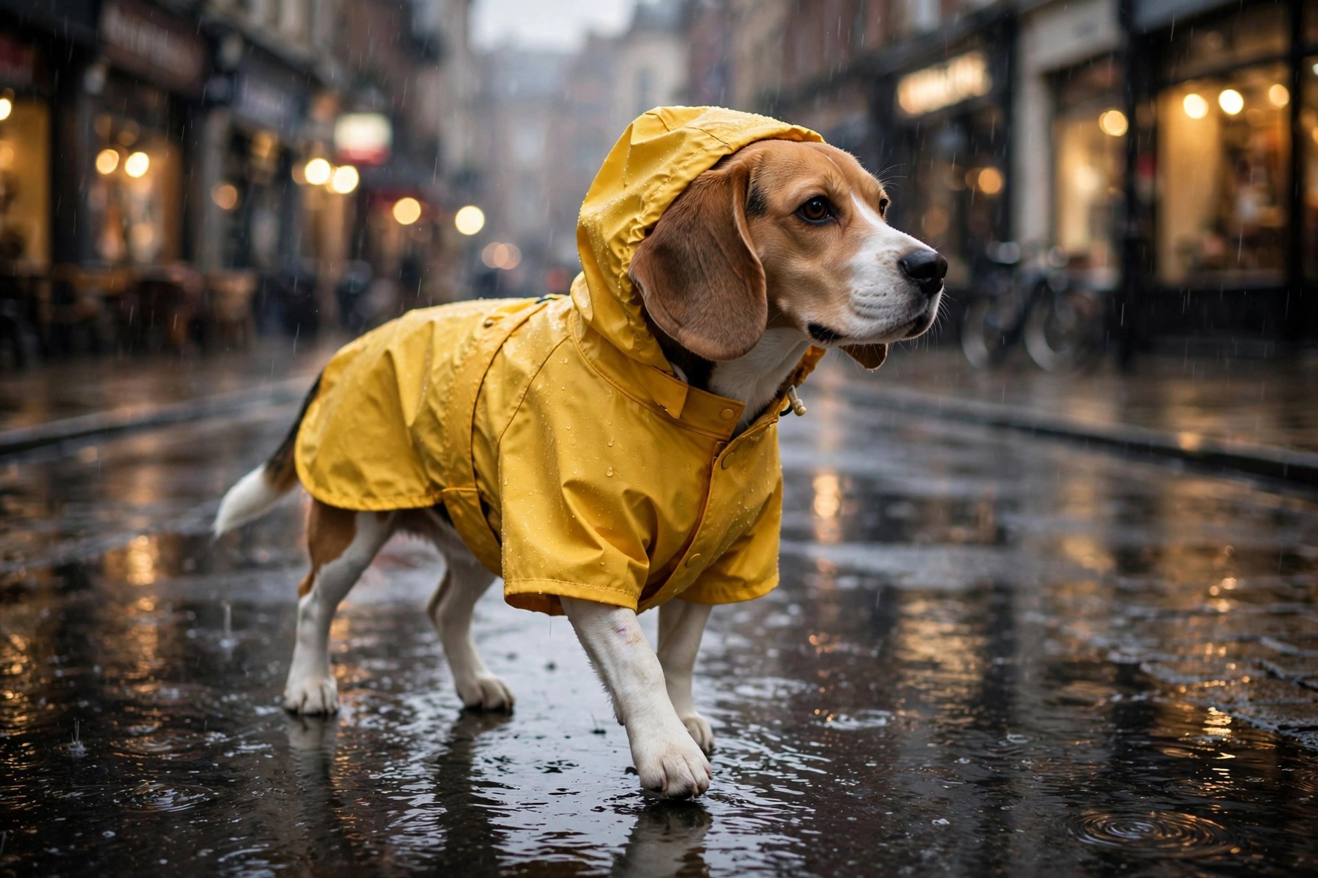 Beagle wearing a bright yellow hooded dog raincoat walking on a wet, rain-soaked city street