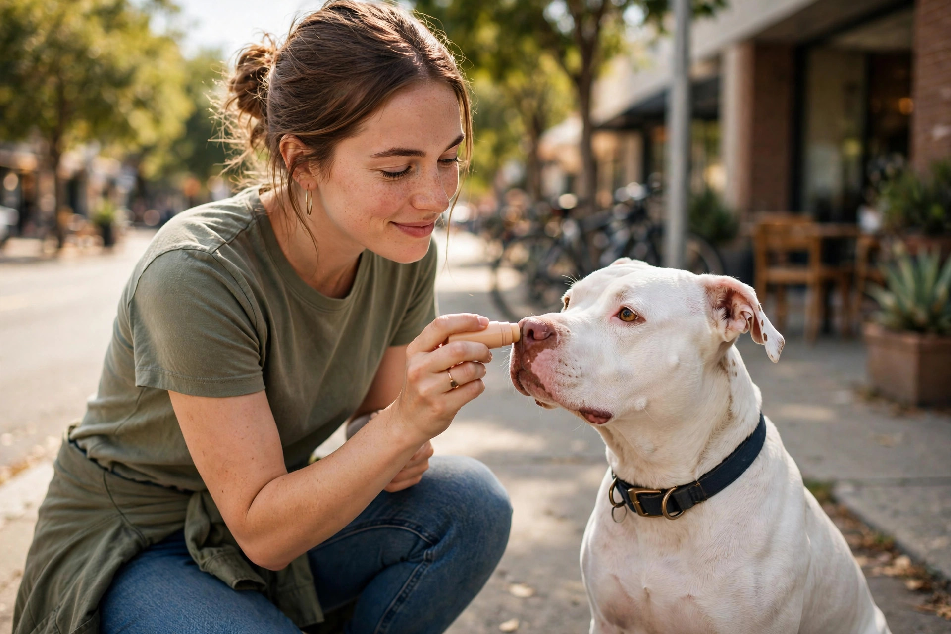 Person applying sunscreen balm to a white dog's nose on a sunny summer sidewalk