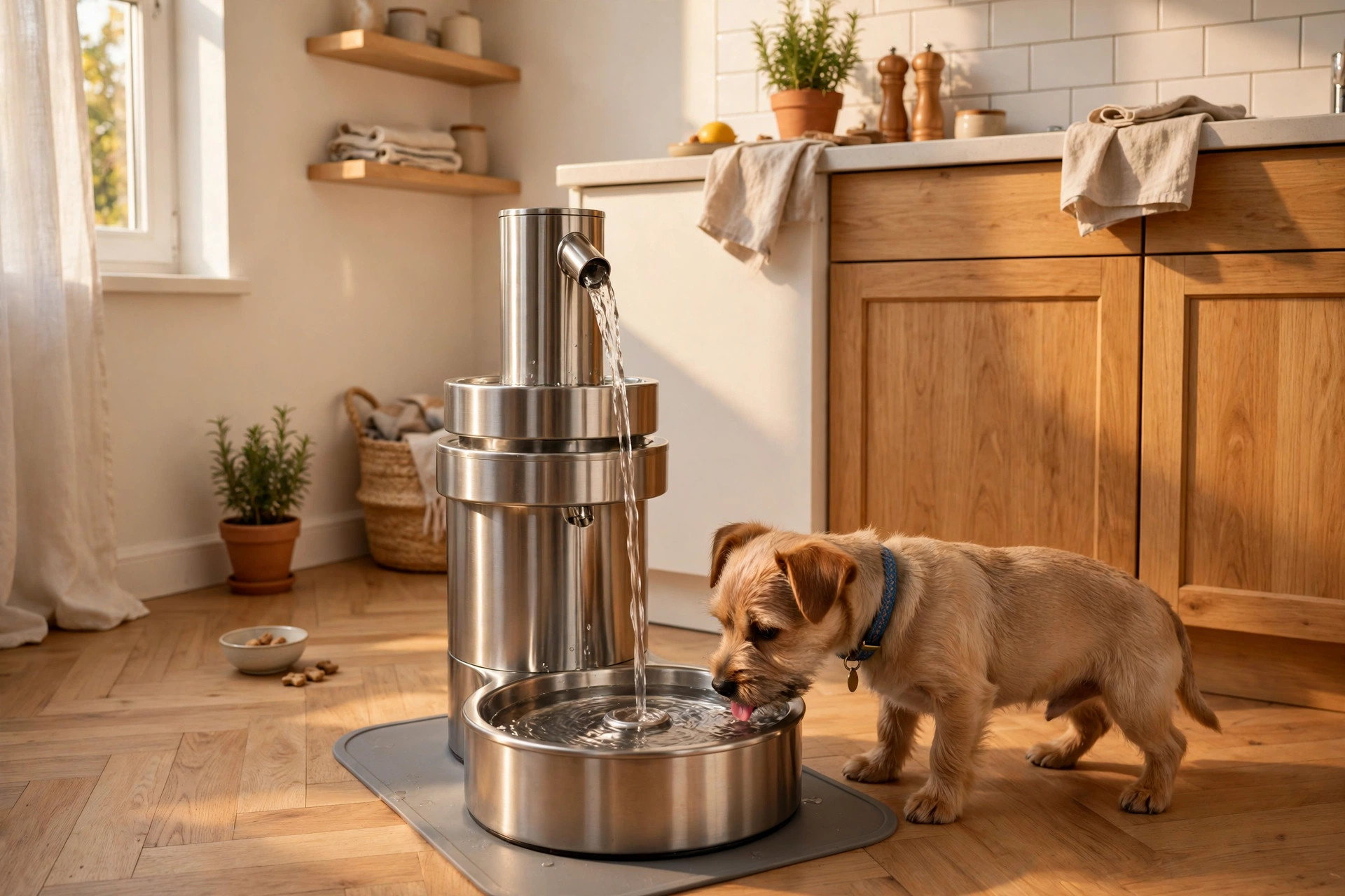 small dog drinking from a stainless steel water fountain in a bright apartment kitchen