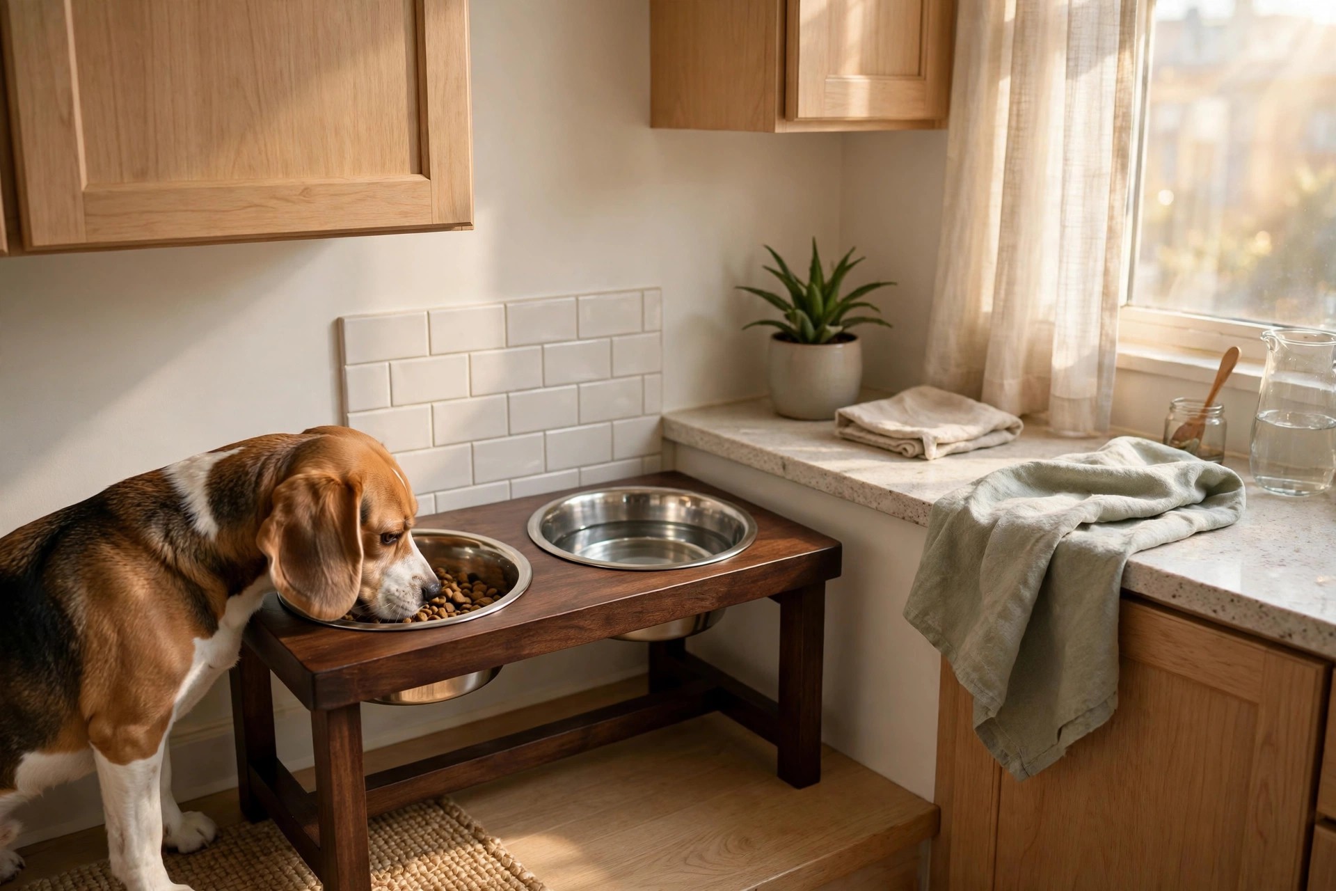 Elevated dog bowl stand with two stainless steel bowls in a small apartment kitchen, a beagle eating from one bowl