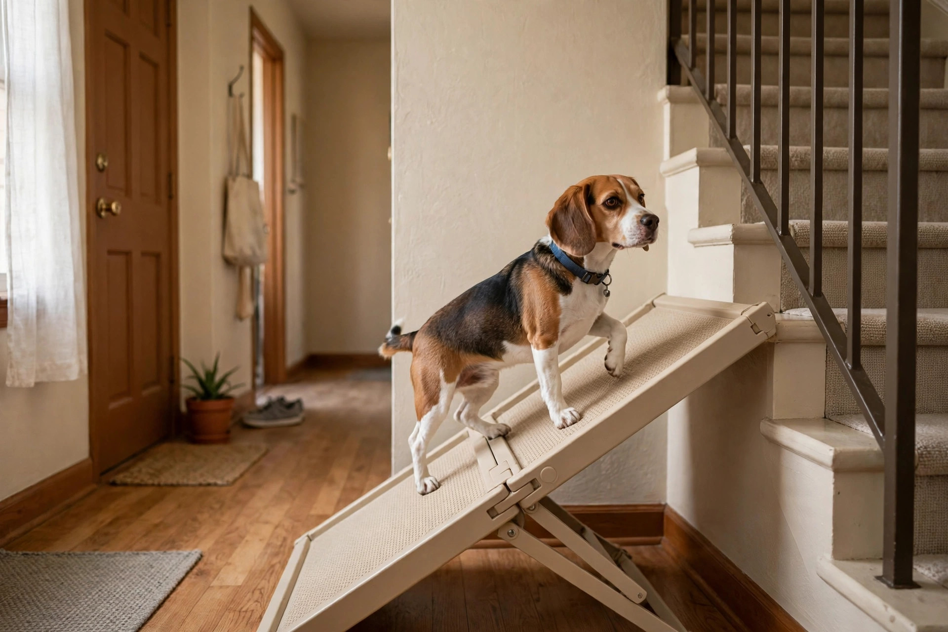 Small beagle walking up a folding dog ramp leaning against indoor apartment stairs