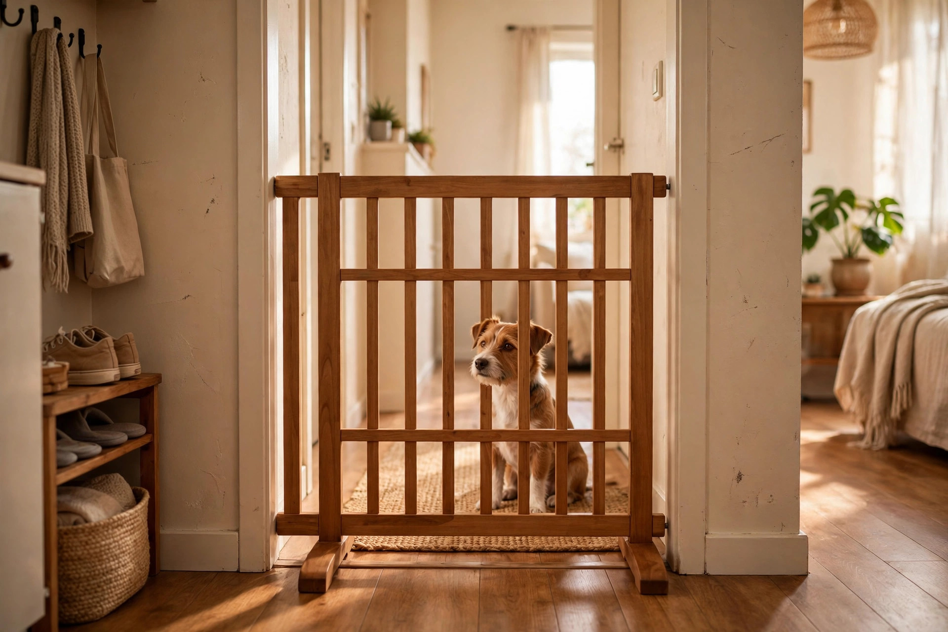 Freestanding wooden pet gate with its own feet standing in an apartment hallway doorway with a dog behind it