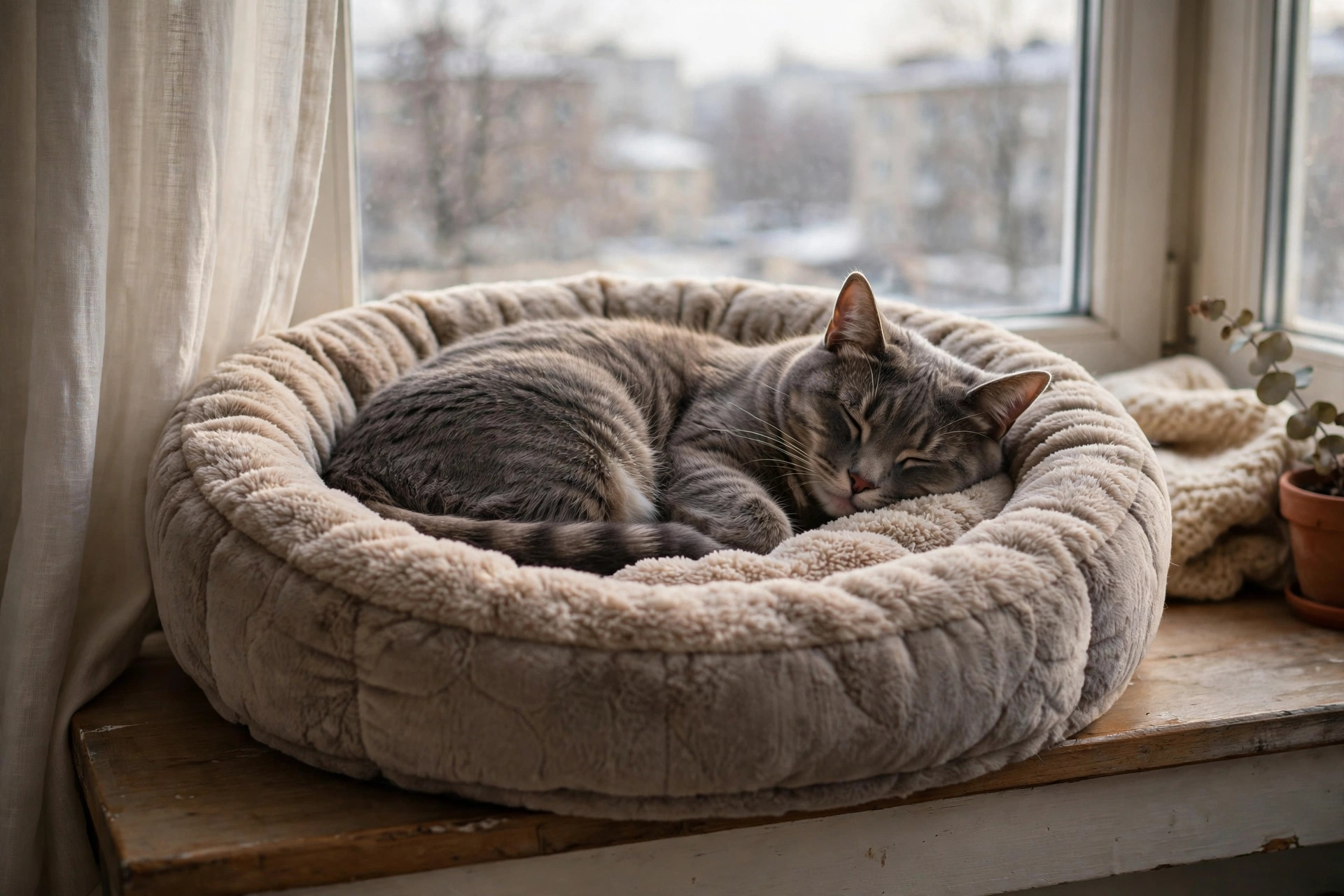 Gray cat curled up asleep in a round heated cat bed on an apartment windowsill in soft winter daylight