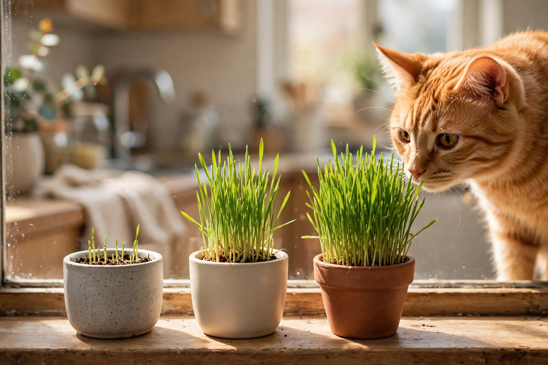 orange cat sniffing three pots of fresh cat grass at different growth stages on a sunny windowsill