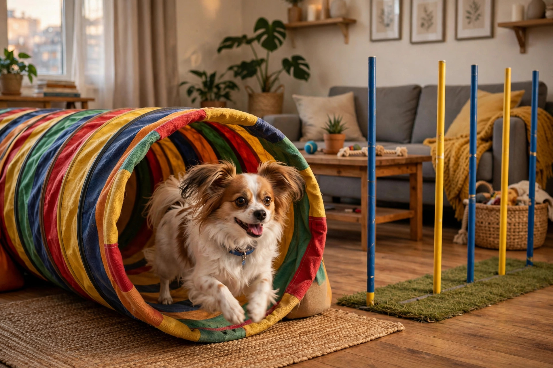 Small dog running through a colorful agility tunnel in an apartment living room