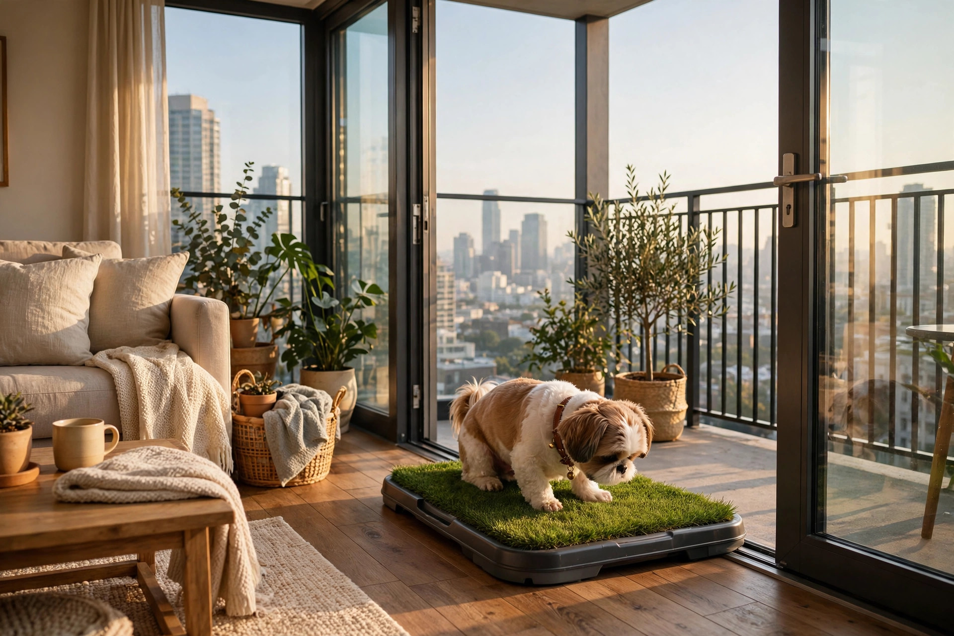 small dog sniffing a fresh grass potty tray on a high-rise apartment balcony with a city skyline behind