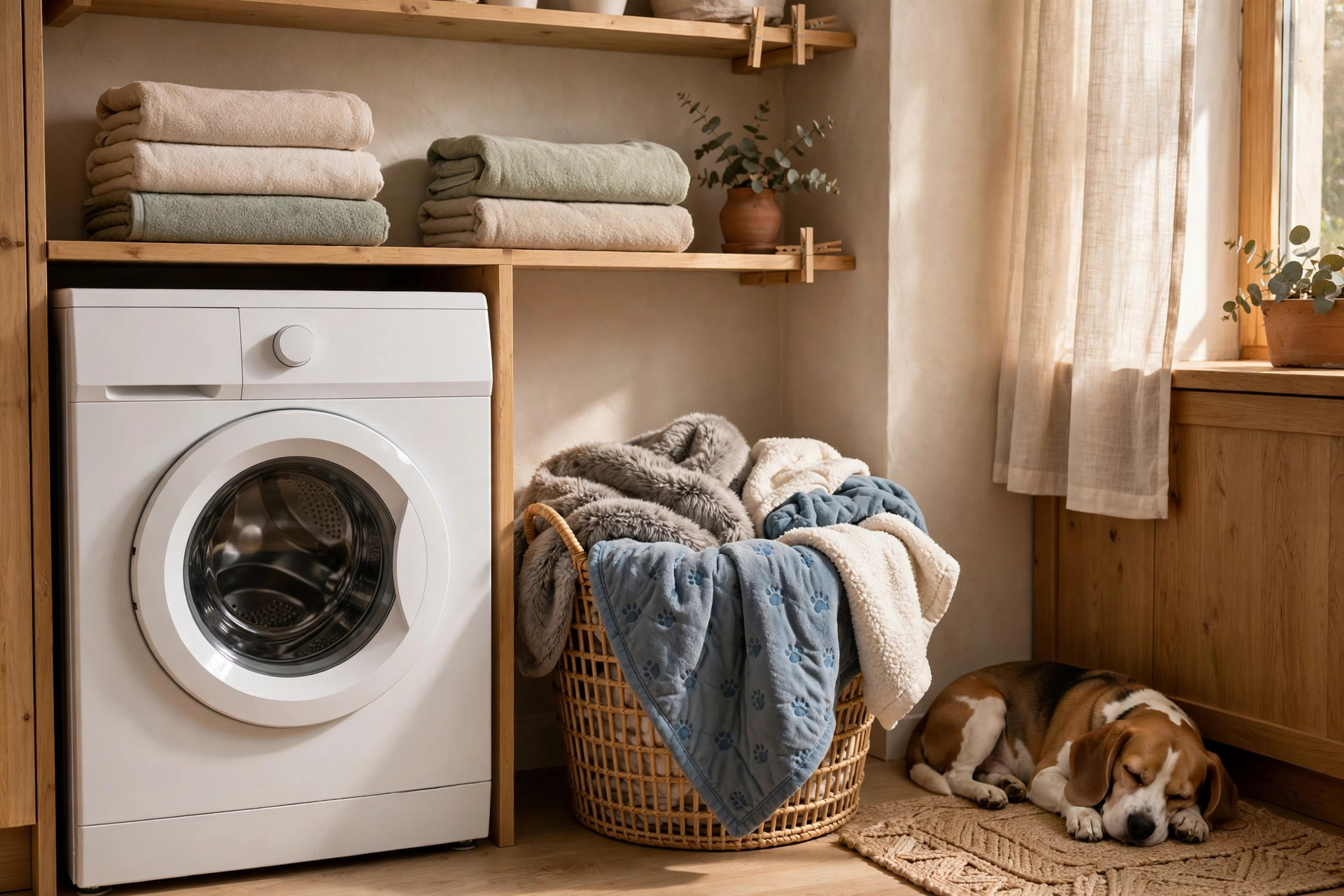 apartment laundry basket with pet blankets beside washing machine