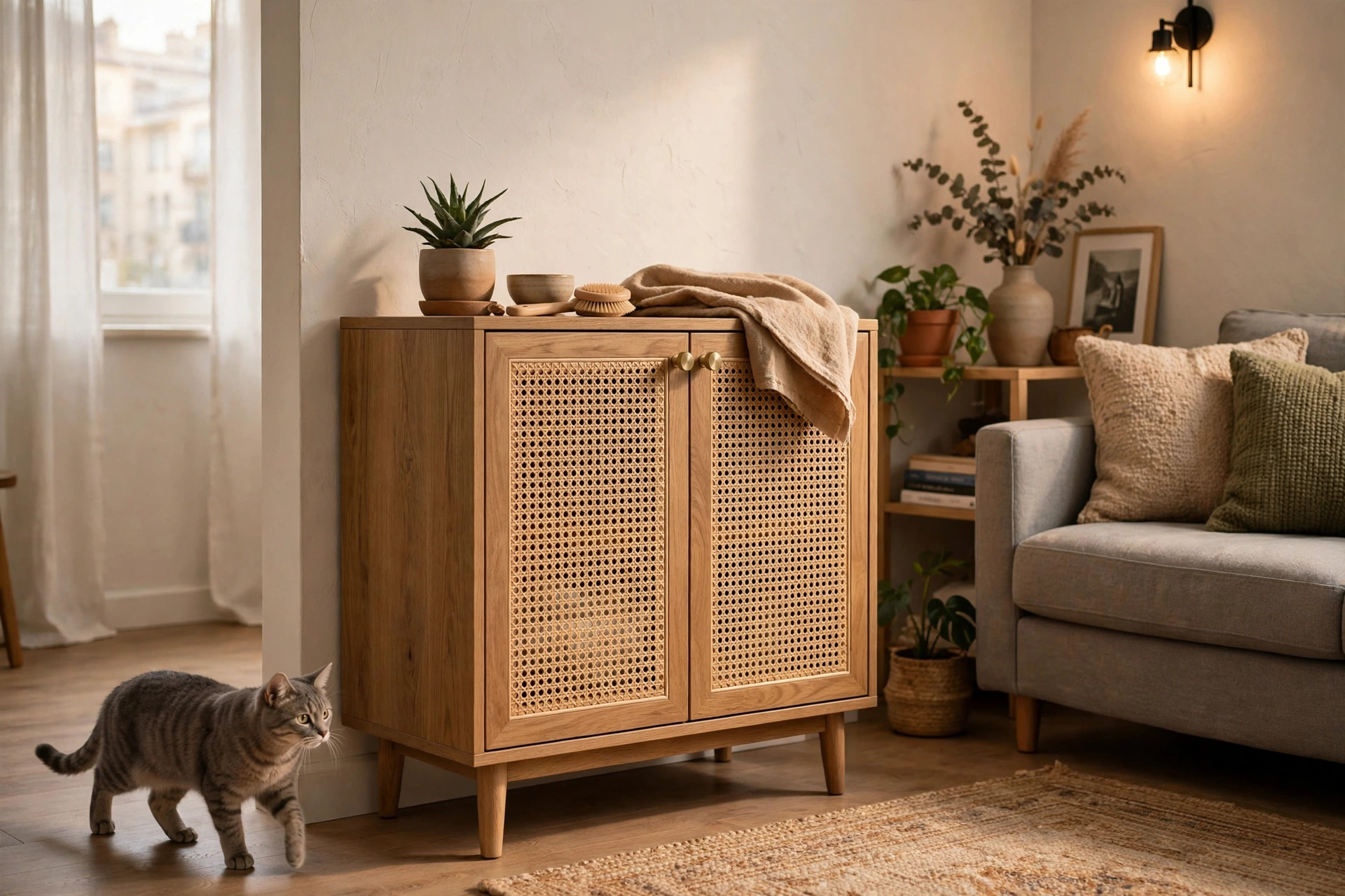 cabinet-style litter box furniture beside a sofa in a small apartment living room