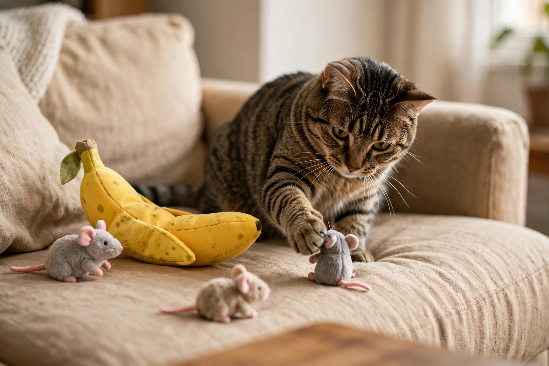 Yellow banana-shaped catnip toy and small plush mice on a cozy apartment sofa, a tabby cat playing nearby