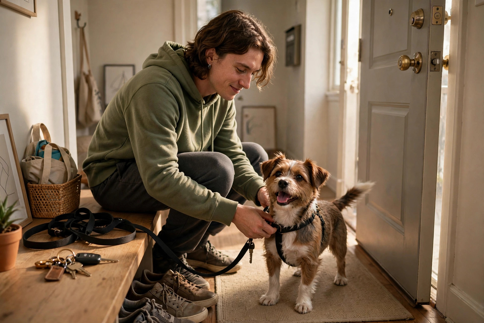 person putting a harness on a happy small dog by an apartment door in morning light