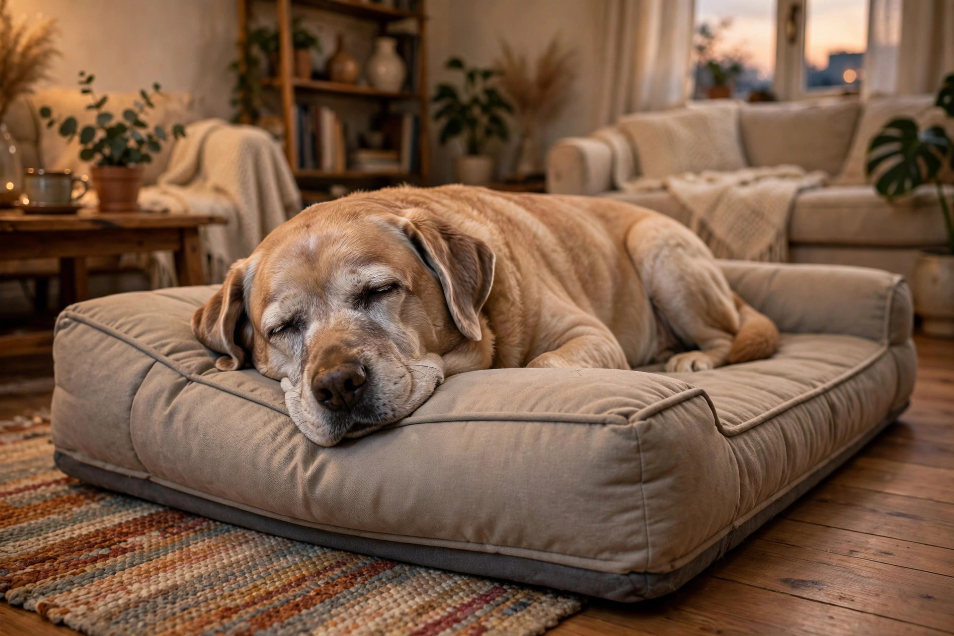 senior grey-muzzled labrador sleeping on a thick beige orthopedic dog bed in a cozy apartment living room at dusk