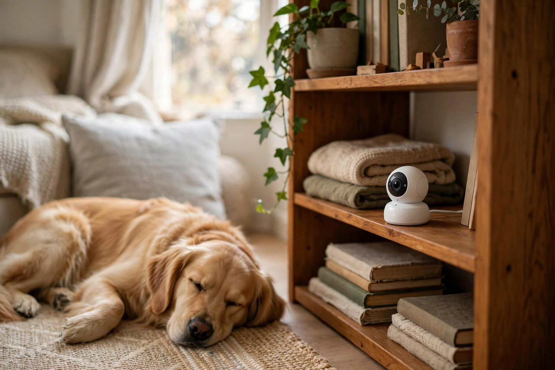 Small white pet camera with a round lens on a wooden apartment shelf, a golden retriever resting on a rug in soft daylight