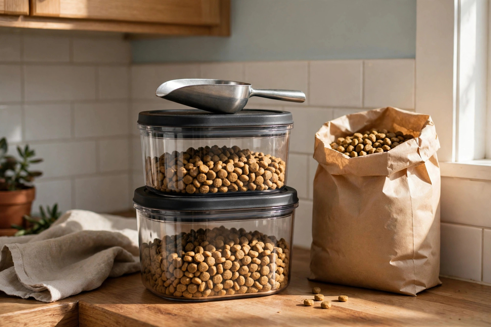 Small apartment kitchen corner with two stacked airtight pet food storage containers and a scoop on top, neat and bright