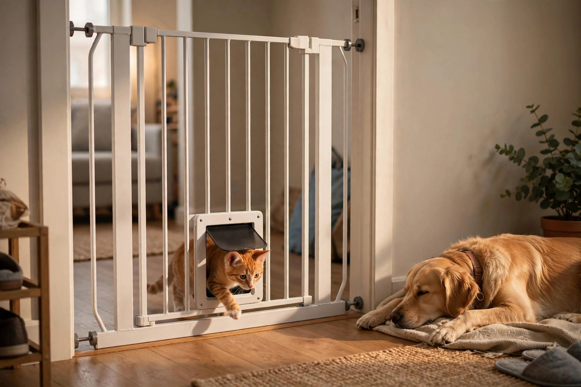 walk-through pet gate with a small cat door in an apartment hallway, cat passing through