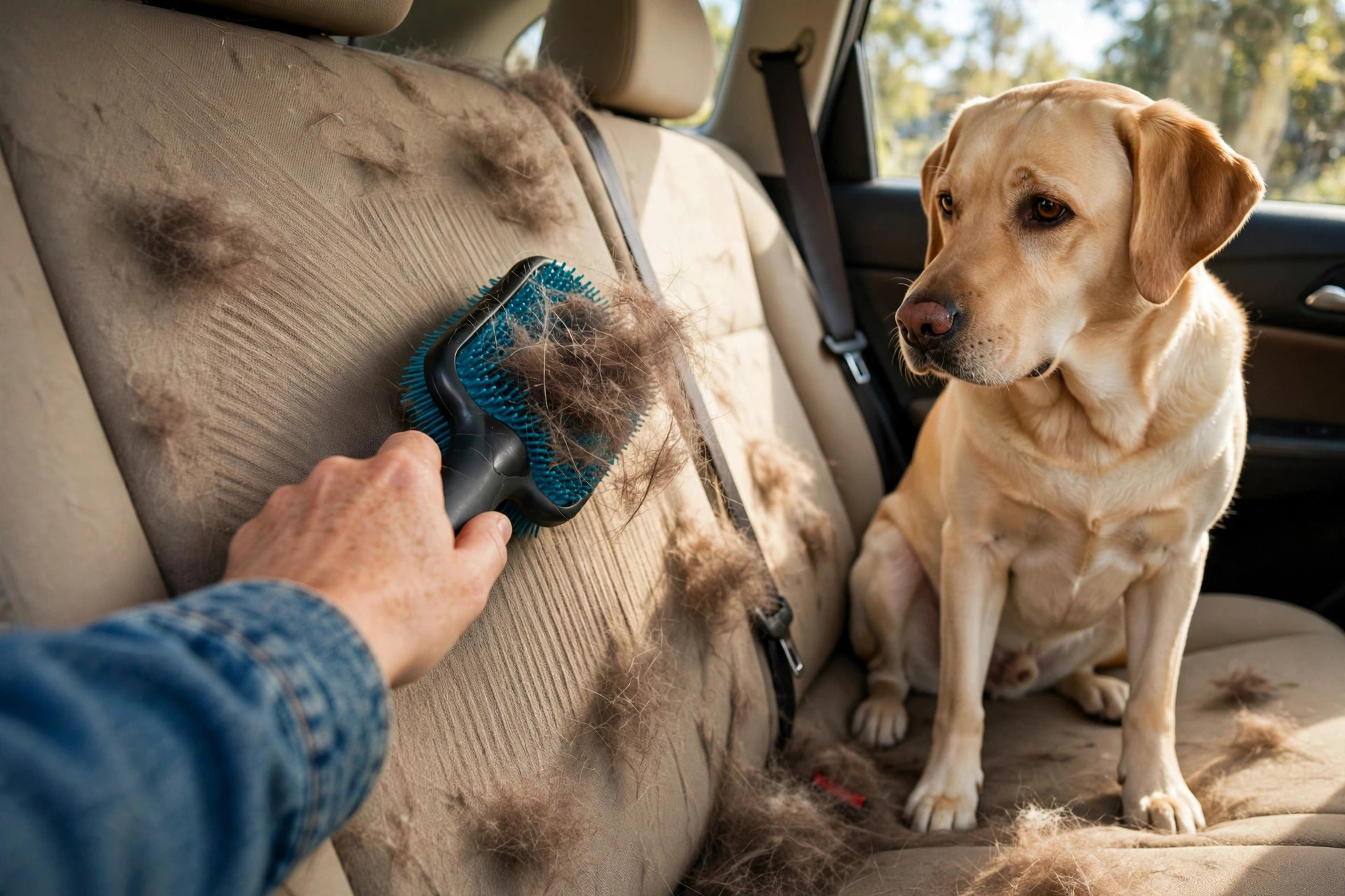 Hand using a rubber pet hair remover brush on a car back seat covered with dog hair