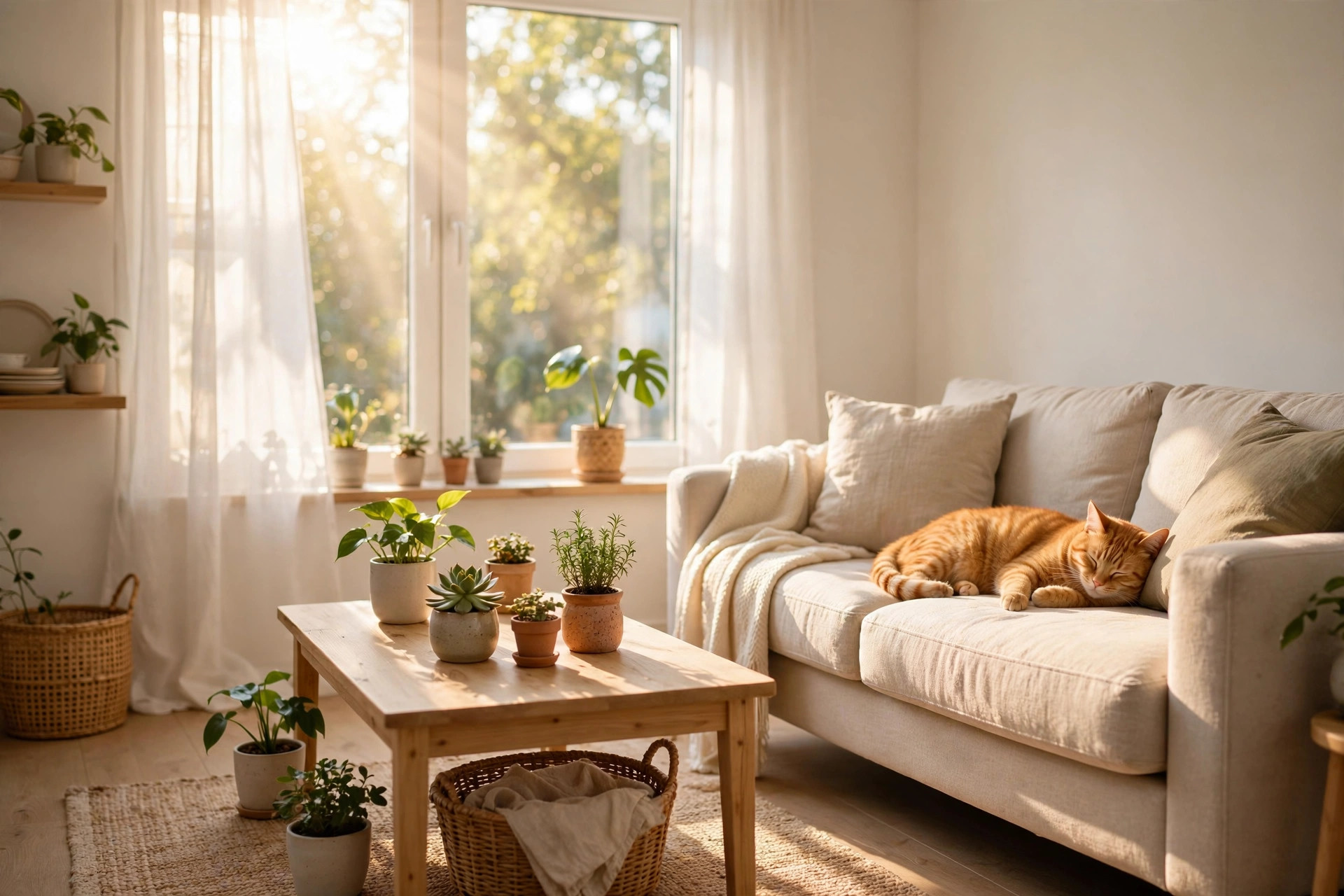 Fresh bright apartment living room with sunlight streaming in, a cat lounging on a clean sofa, small potted plants