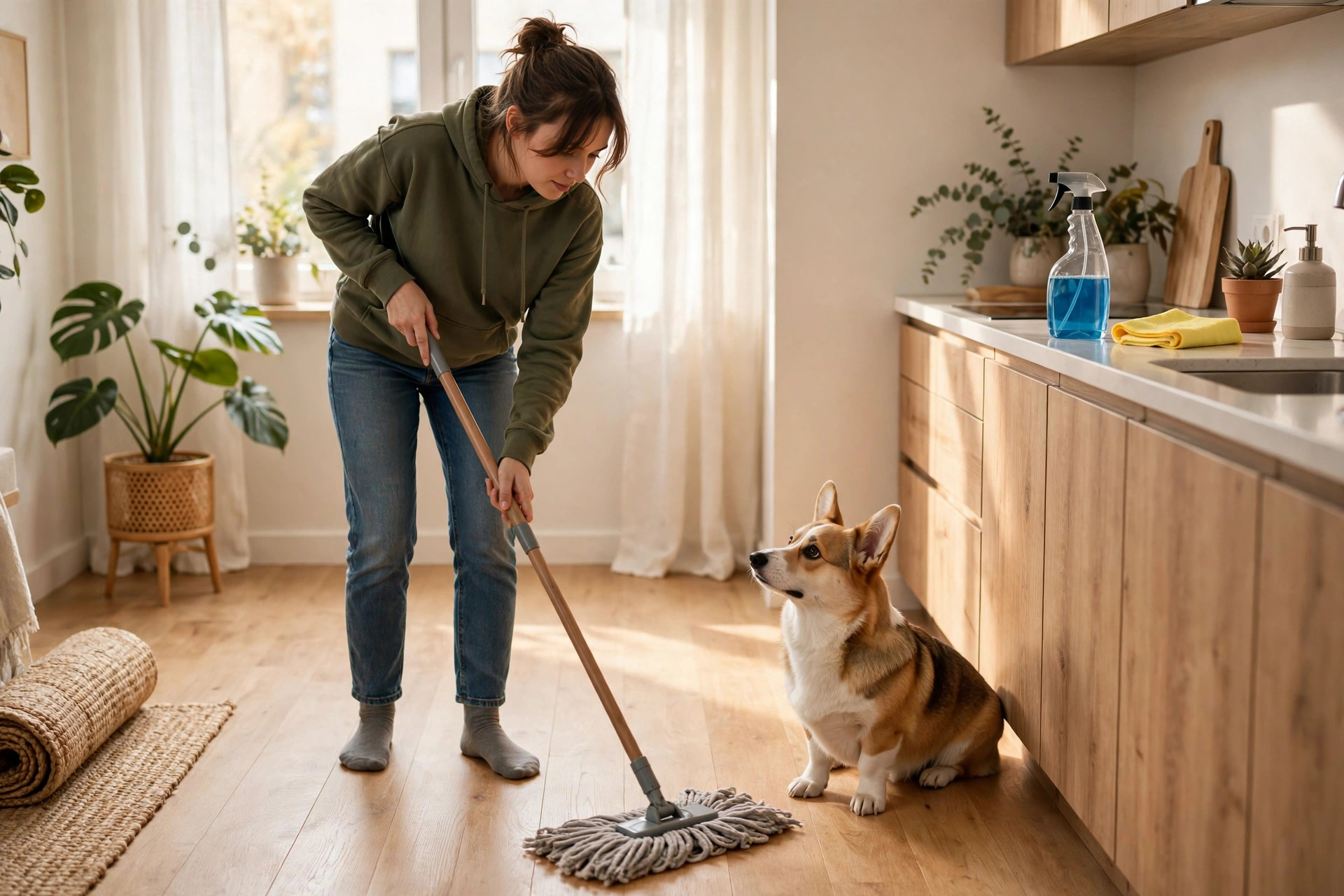 Person mopping a bright apartment hardwood floor while a curious corgi watches nearby