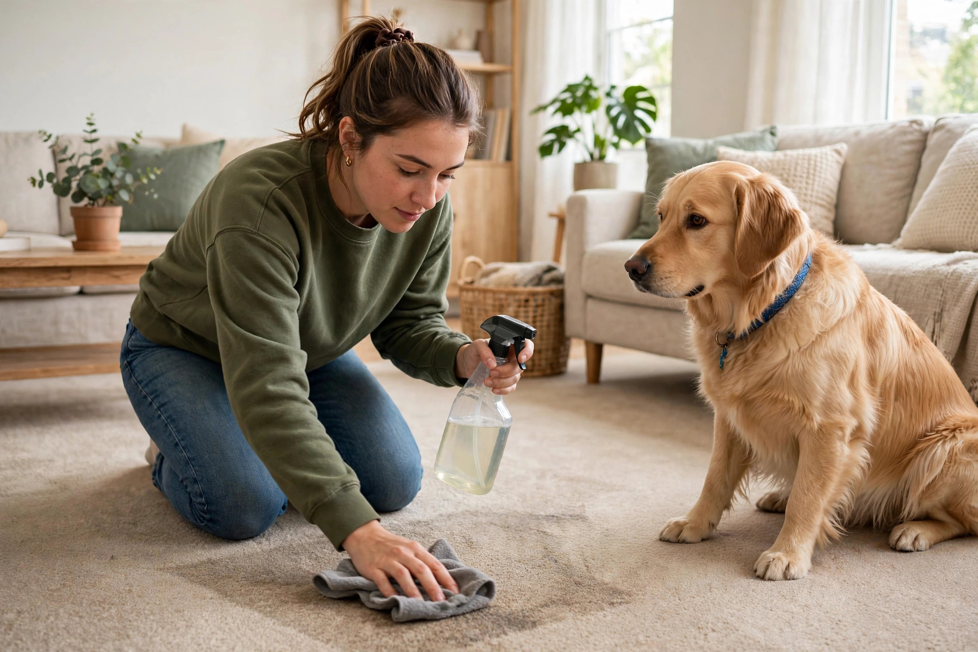 Person spot-cleaning a pet stain on rental carpet with enzyme cleaner spray and a cloth while a dog watches