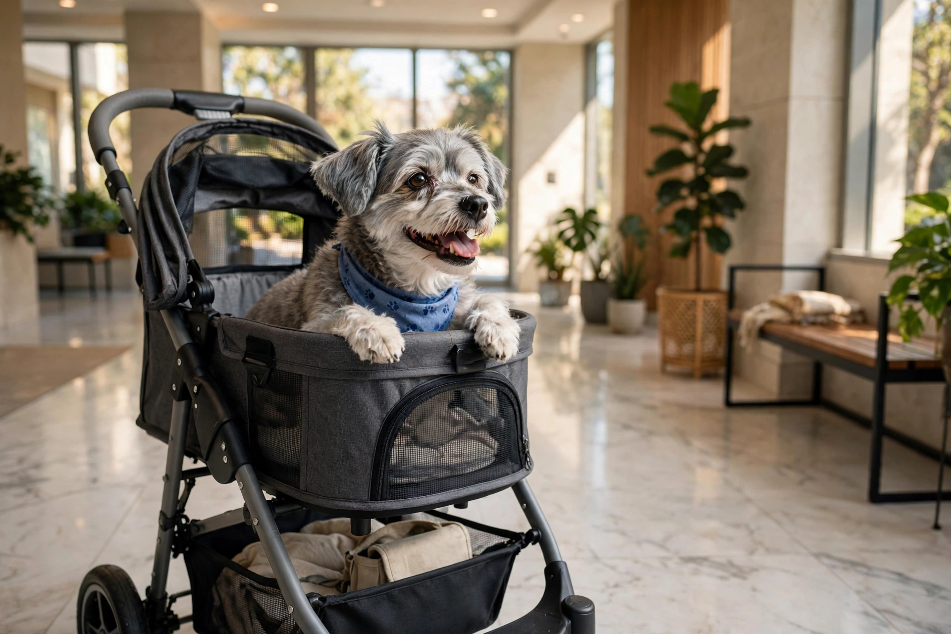 senior small dog riding in a pet stroller in a bright apartment building lobby