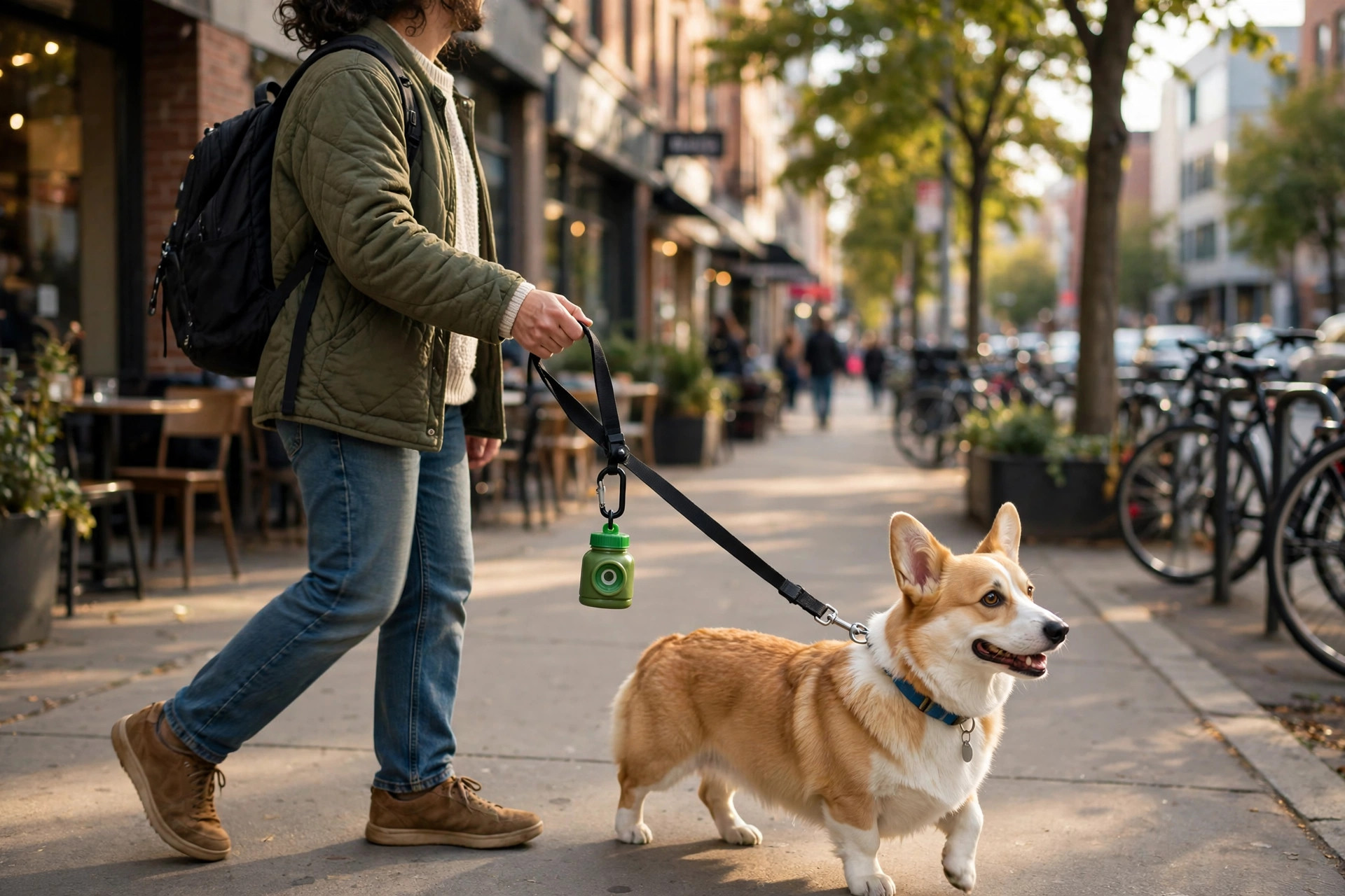 Dog leash with a poop bag dispenser clipped near the handle on a city street