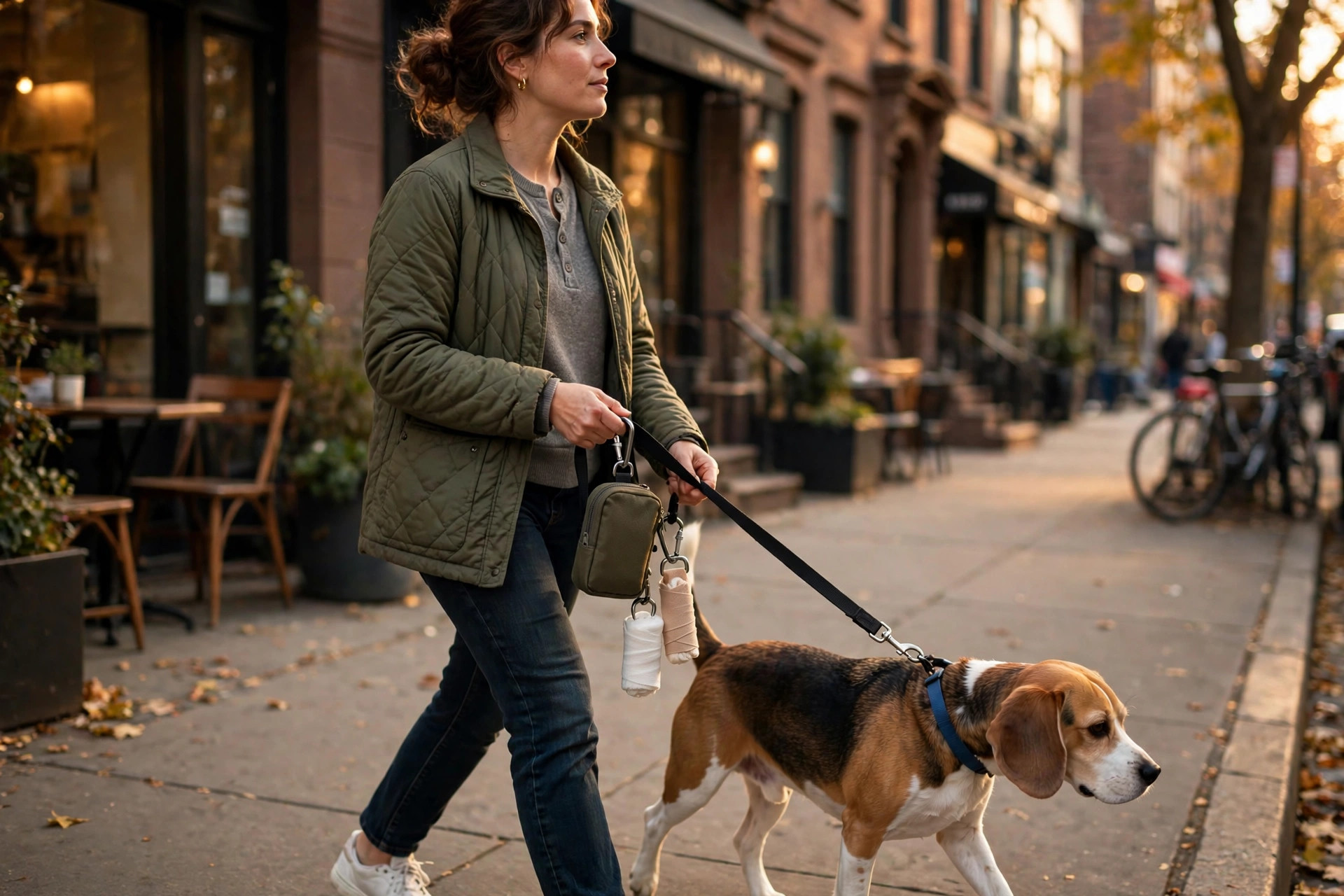 Compact pet first aid pouch clipped to a dog leash on a city sidewalk walk