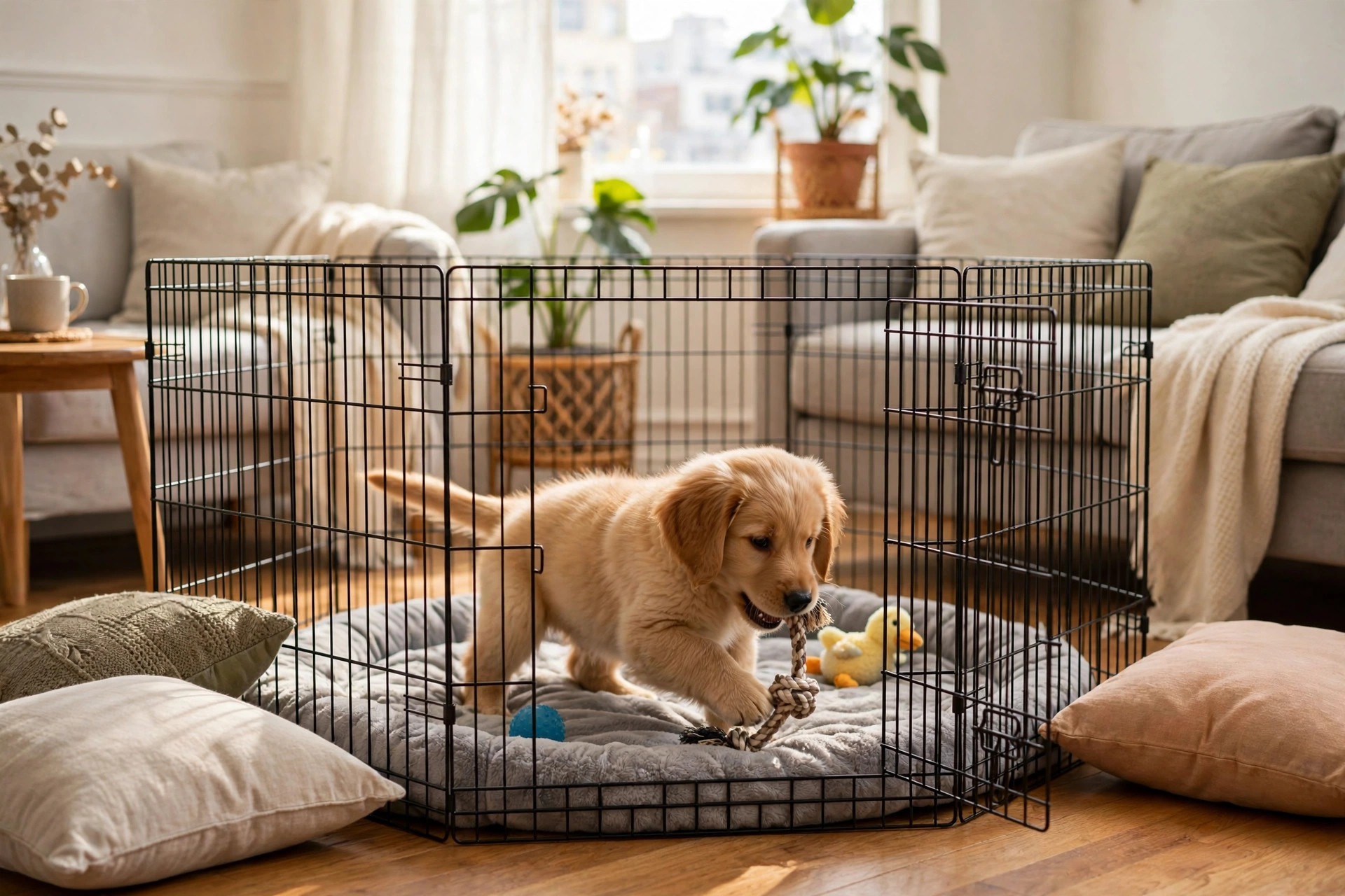 a golden retriever puppy playing inside a black metal playpen set up in a bright small apartment living room