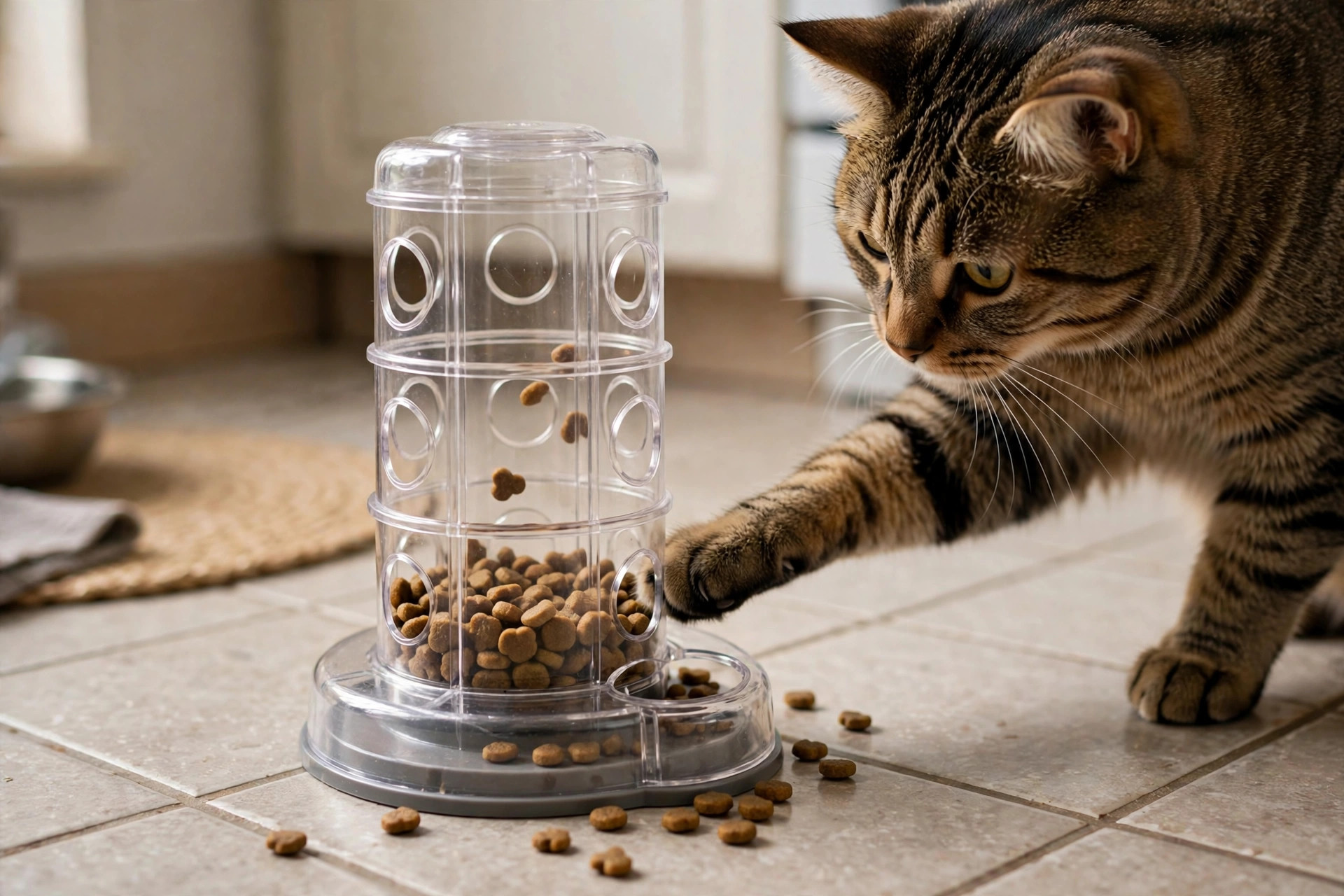 Cat pawing at a clear plastic food puzzle tree on a small apartment kitchen floor, kibble pieces visible inside